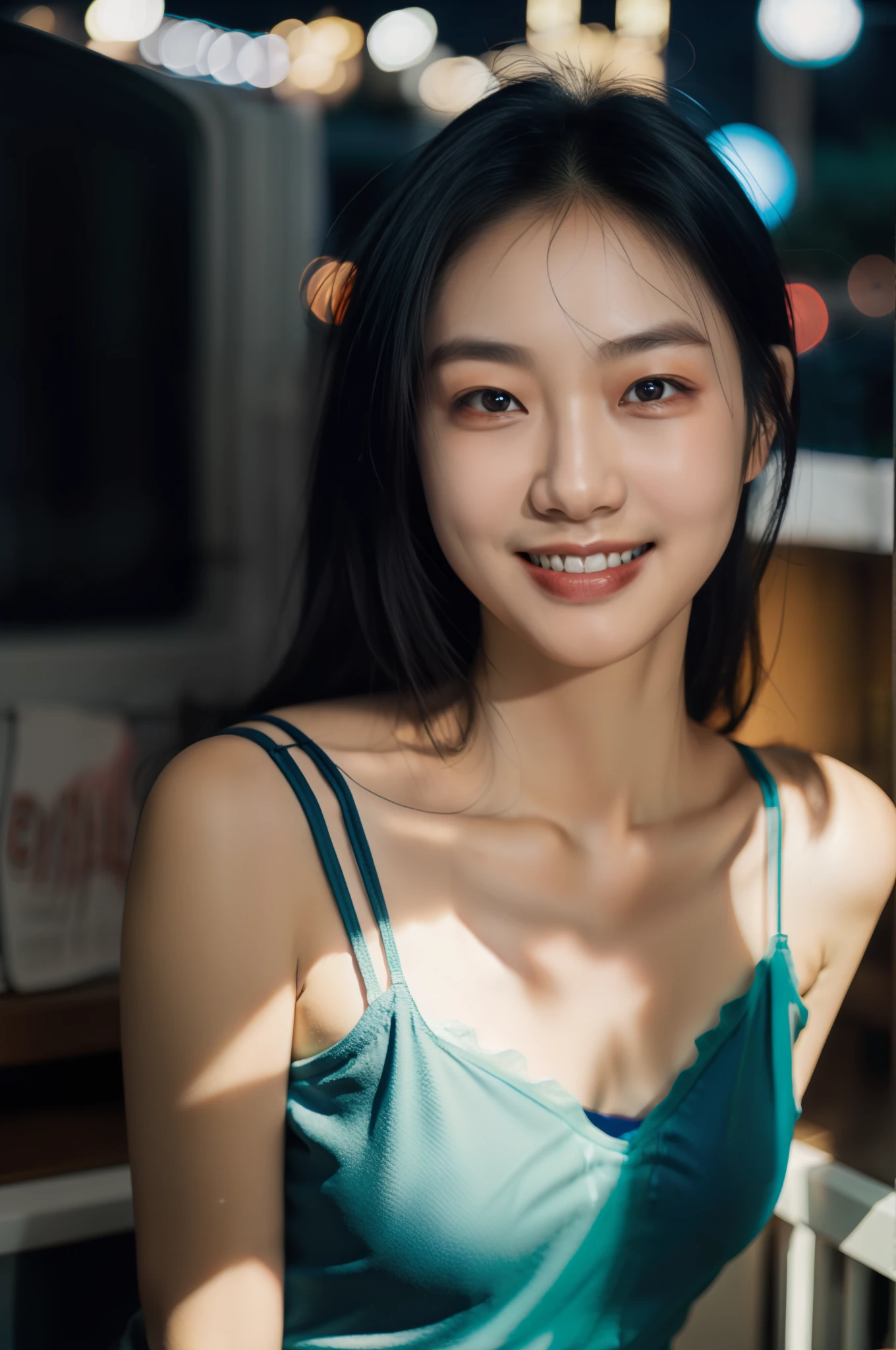 1girl, idol, model, depth of field, photo, film, face, skinny, smile, collarbone,  teeth, movie, camisole, selfie, night, natural skin texture