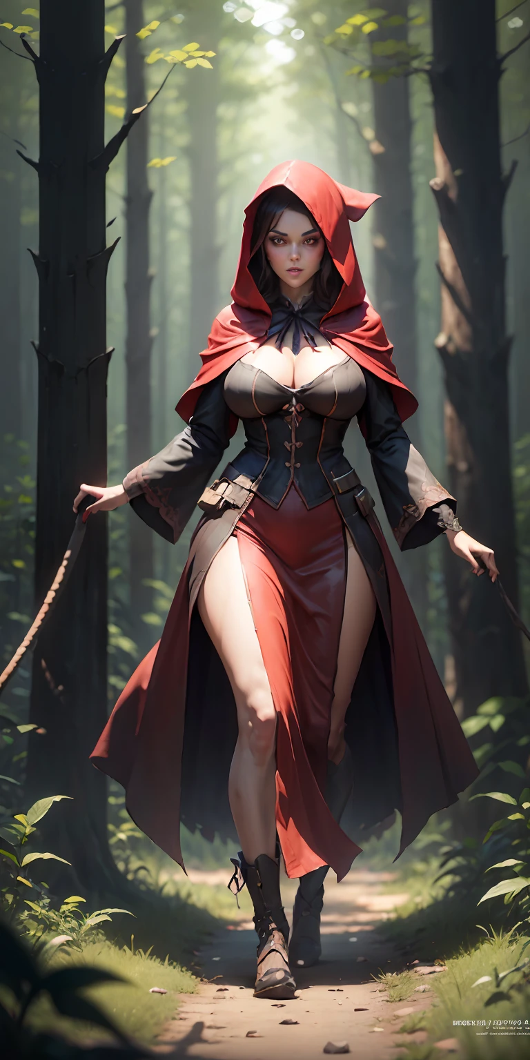 Red Riding Hood, big breasts, frontal, full-length, looking at the camera, facing the audience, standing pose, forest background, three-dimensional light, detailed full-body concept, sleek digital concept art, beautiful full-body concept art, art trend, CGsociety full-length,