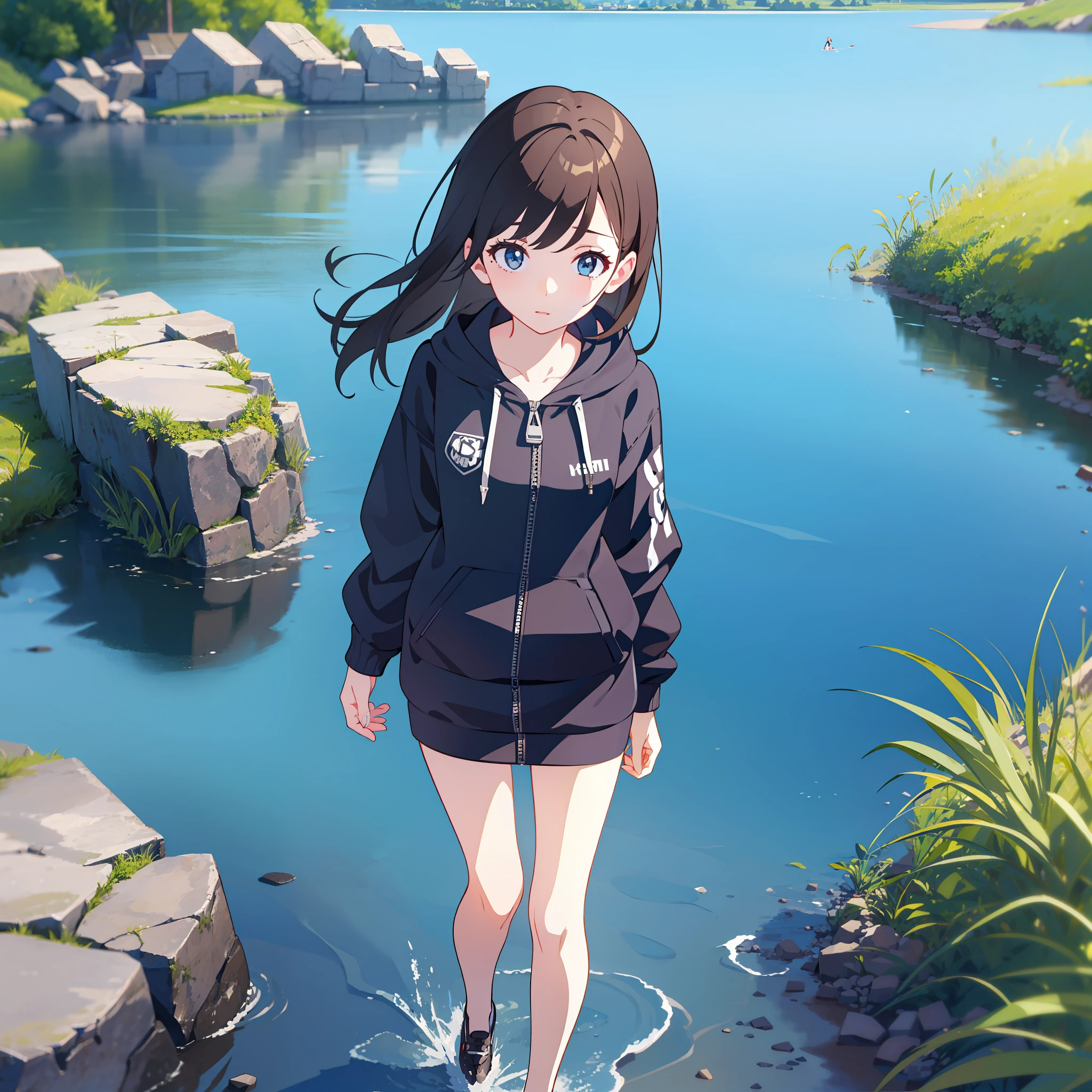 MKSKS style, (Very detailed background:1.0), (highly detailed back ground:1.0), 1girll, full_Body, straight on, Hoodie, partly_unzipped, Masterpiece, Best quality, (1girll, Solo, Girl:1.2), Lake, Grass, walking on the water, Jumps, Stone ruins, color difference, Depth of field, Soft lighting,walking on the water，Tread on the water，brunette color hair