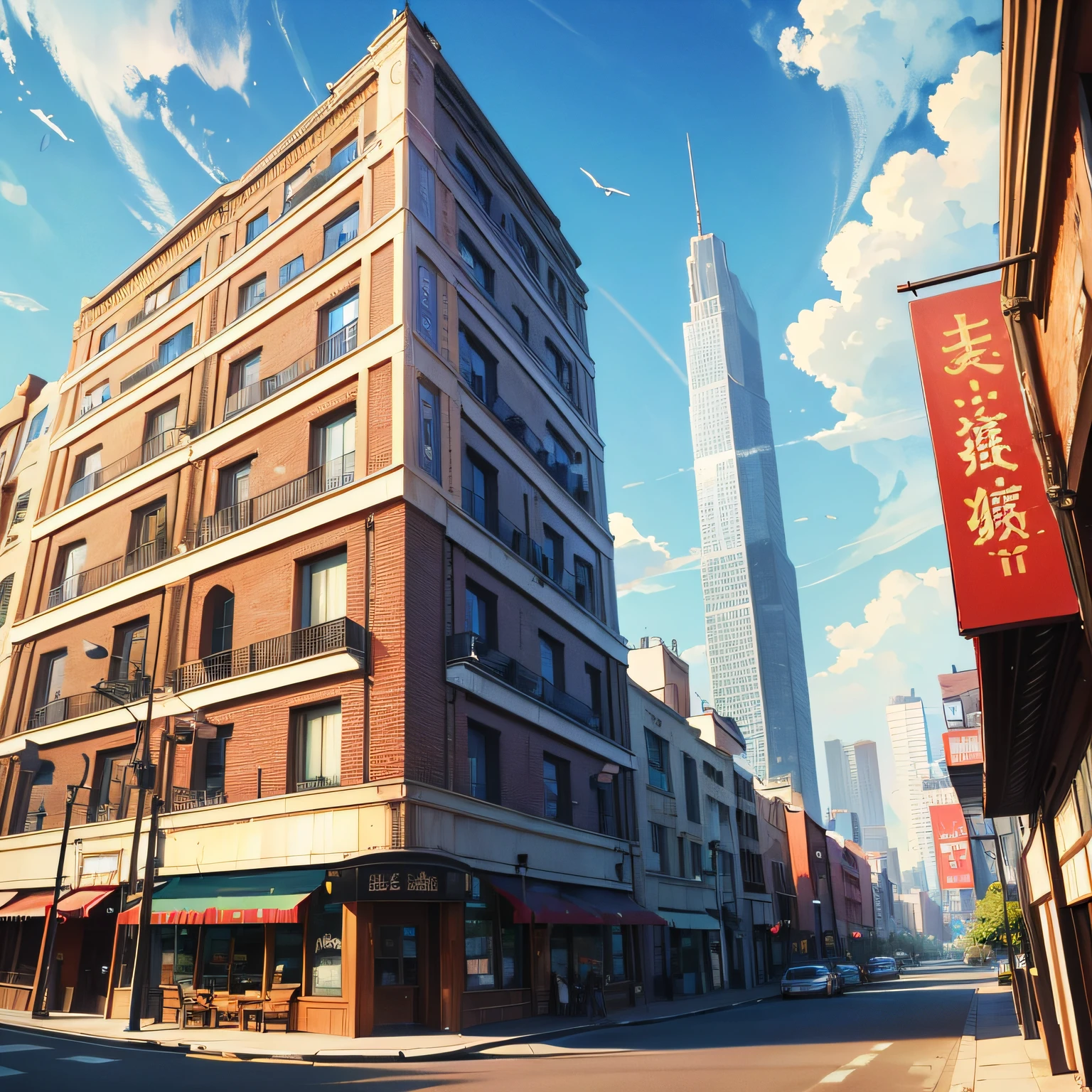 Restaurant hostel，Ancient wind，Quaint，Chinese，towering，The exterior of the entire building，wood，high rise，towering，Located in a bustling downtown area，Individual building，with blue sky and white clouds