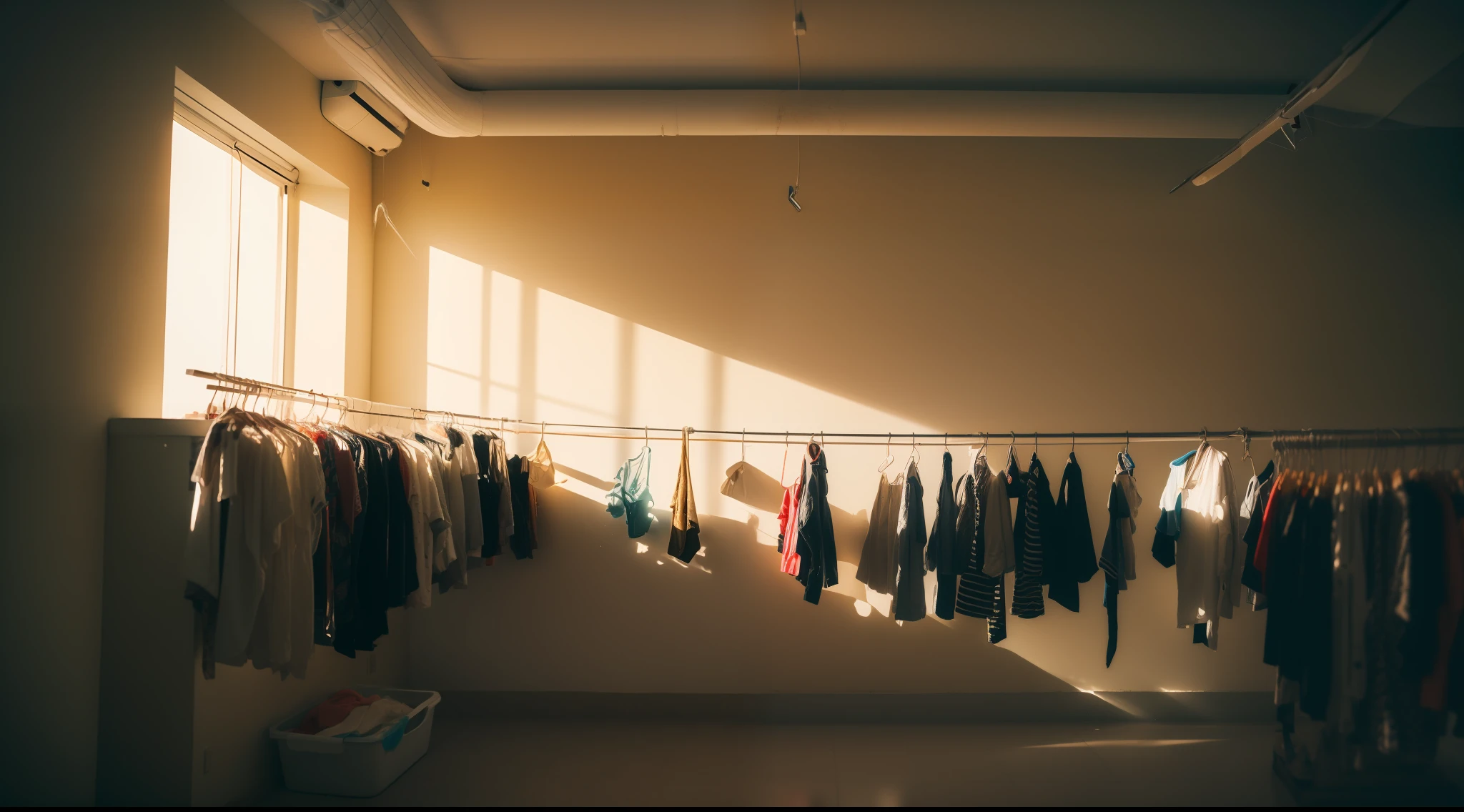 Laundry is hung out to dry., Sunlight pours in, sony a7, film gain, Cinematic lighting, Photorealistic, one-point perspective, 32K, diffuse reflection, colorful shiny particles, Lens Flare, sharp reflection light