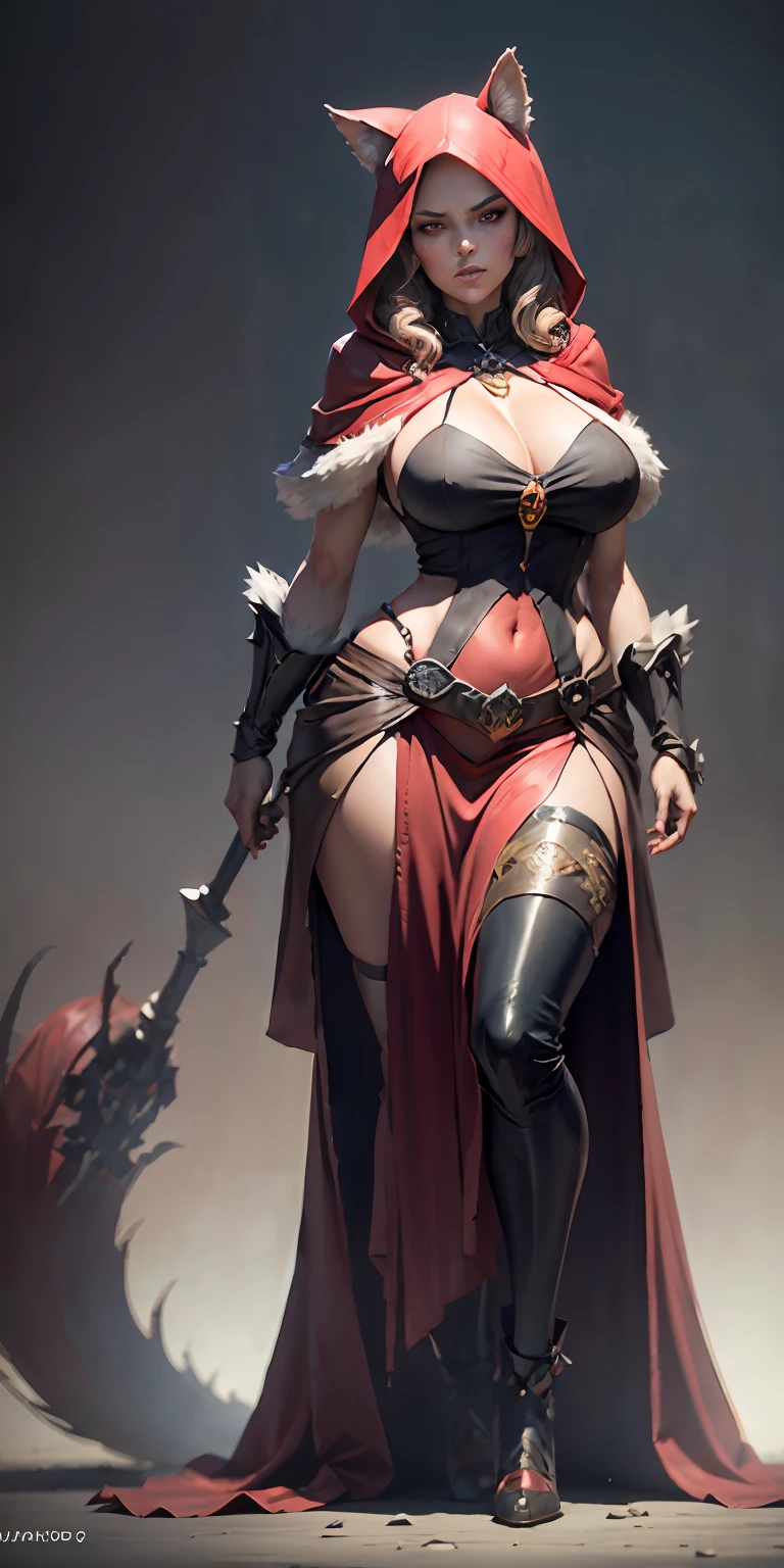 Red Riding Hood, big breasts, frontal, full-length, looking at the camera, facing the audience, standing pose, big bad wolf background, three-dimensional light, detailed full-body concept, sleek digital concept art, beautiful full-body concept art, art trend, CGsociety full-length,