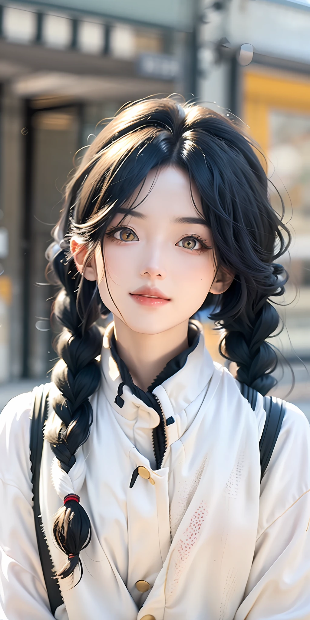 best quality, masterpiece, gold eyes,white clothes, looking up, upper body,hair strand,Fair skin,side braids,black hair