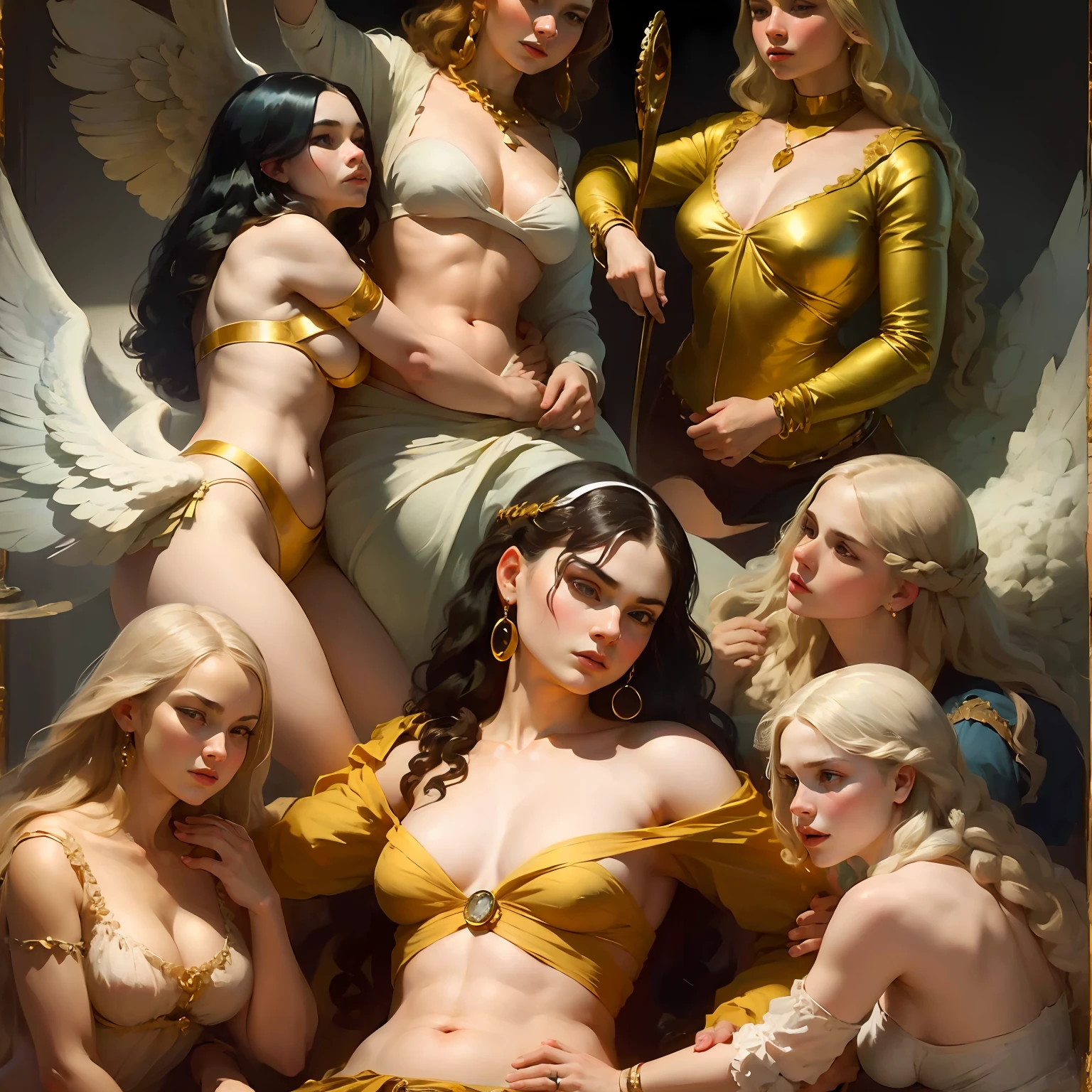 (masterpiece, high-quality), hyper-realism, Caravaggio-style, 8k Renaissance oil painting masterpiece, La Naissance Vénus (1879) by William-Adolphe Bouguereau style, Baroque aesthetics, Venus de Botticelli, demons and angels, renaissance art style. (style: The_Rap_of_the_Daughters_of_Leucippus_de_Peter_Paul_Rubens.),(style: Godfrey_Kneller_em_1689.),high resolution,painterly, Baroque style, chiaroscuro, dynamic composition, dramatic lighting, rich colors, detailed texture, divine expression, religious scene, floating scene