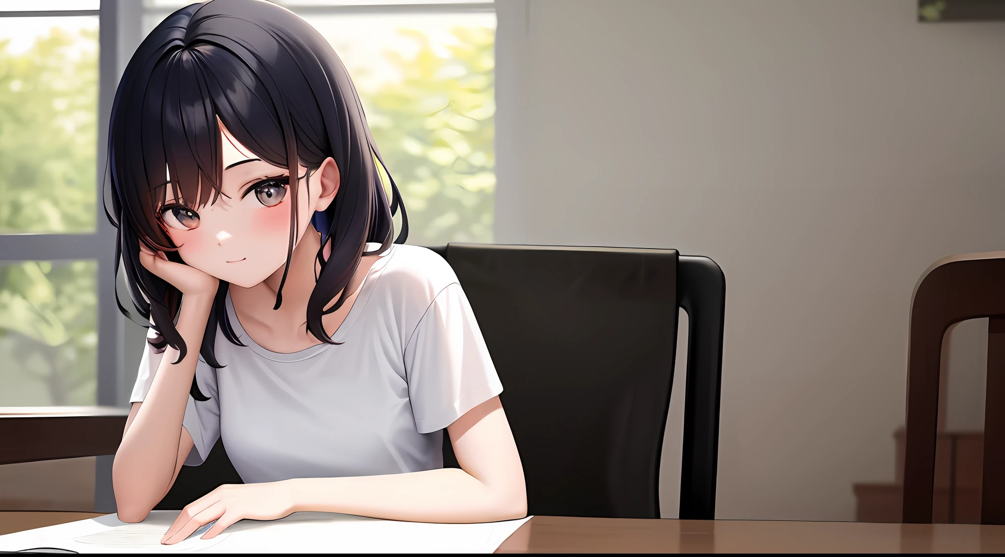 masterpiece, top-quality, hight resolution, a 1 girl, Loose white t-shirt、 Girl sitting on chair studying drafting at desk、 20 years old、Have good eyes、Unclear、Beautiful fece、gain weight
