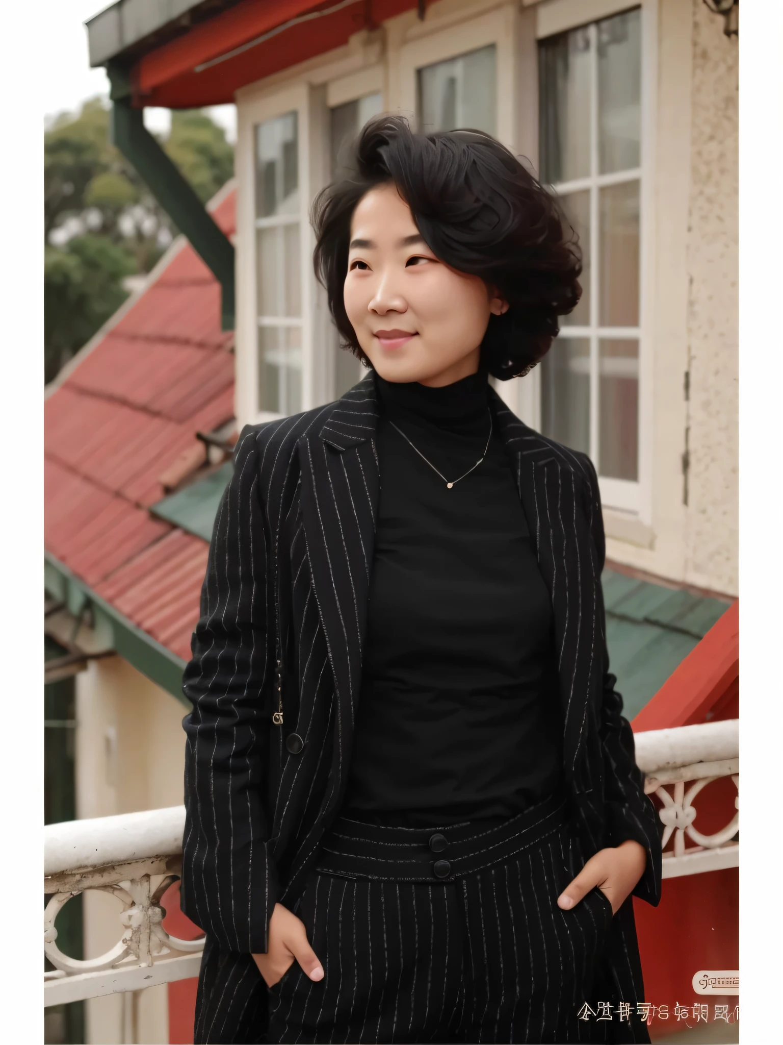 wearing a black top、Araved woman in black suit and red roof, wearing black suits, wearing a black noble suit, wearing a turtleneck and jacket, woman in black business suit, wearing causal black suits, Jackie Tsai style, Zhang Wanting, author li zhang, wearing a pinstripe suit, inspired by Min Zhen, Profile image，Retina screen，Vertical painting shadows，Perspectiva subjetiva，atmospheric distance sense，hyper HD，Textured skin，HighestQuali，high detal，The eyes are bright and alert，Ray traching，Multiple monochromes，Cinematic lighting effects，Smile confidently，Star temperament --auto