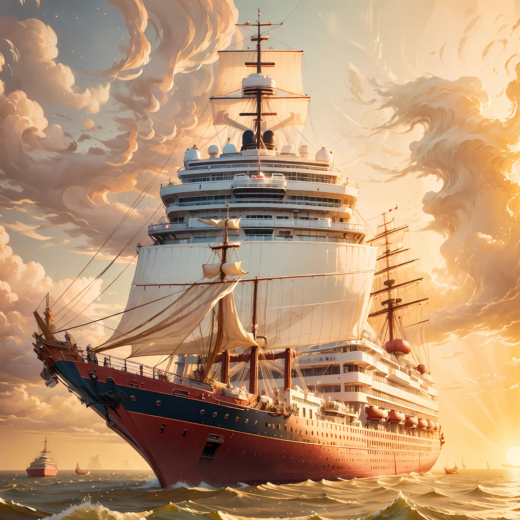 A giant cruise ship sails on a wide river，The people on the cruise ship are clearly visible --auto