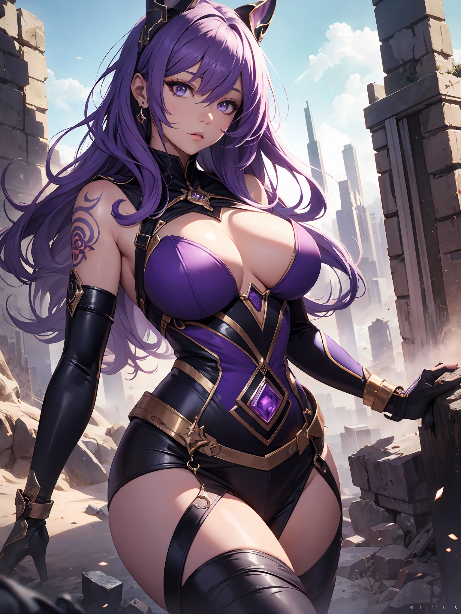 1girll，Gorgeous Hair in Long Purple，Purple jumpsuit，Tattooed with，There is a red string around the waist，Purple boots，Thigh leg rings，The right hand releases a purple energy glow，Hands full breasts, Convex buttocks, city ruins，holy rays，A desert，Detailed background, Clothing details, perfectly proportioned, filmgrain, Fuji colors, lightand shade contrast, tmasterpiece, high detal, high qulity, A high resolution, Cinematic lighting, 8K, Textured skin, Super detail