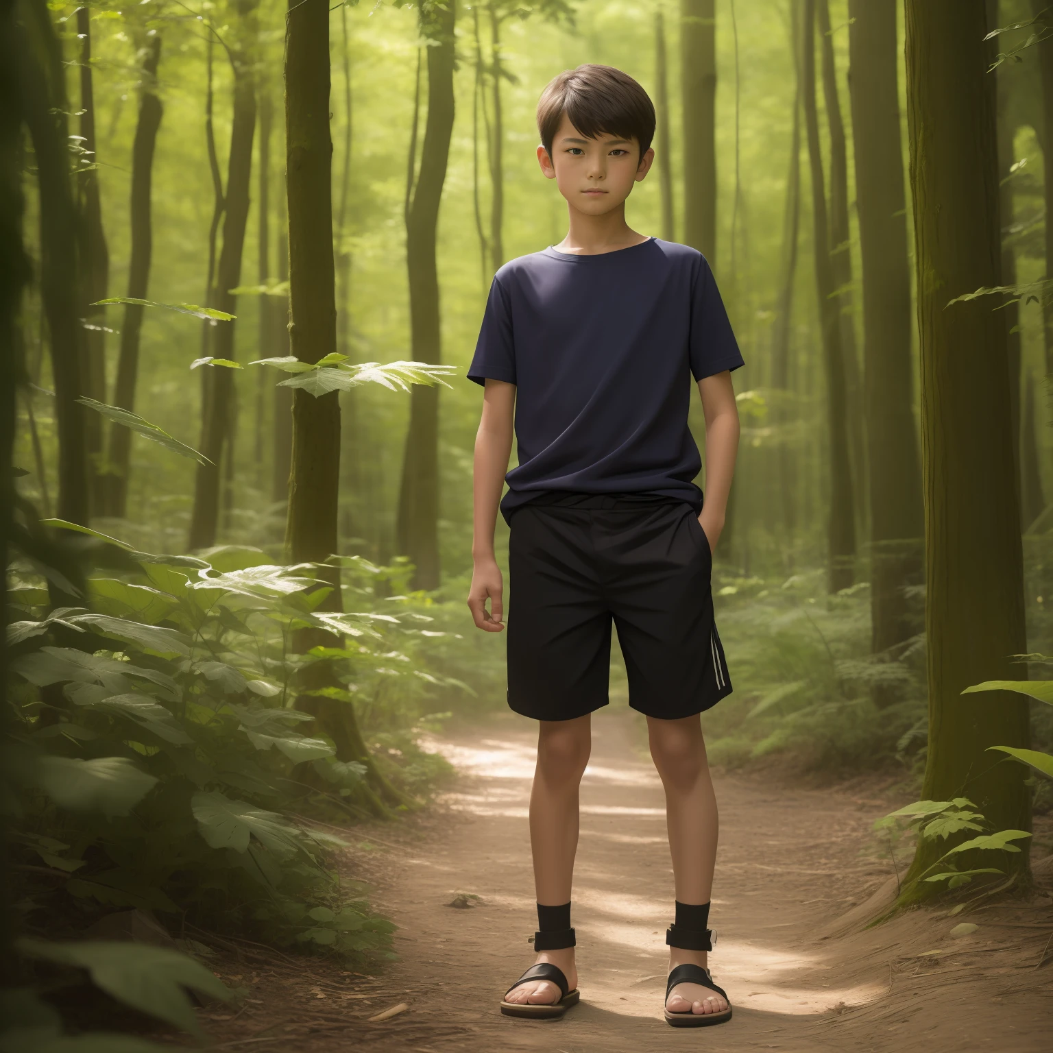 masterpiece, top-quality, 11 year old boy, Sit in the summer forest, Full-body close-up, Yota Hiiragi, White T-shirt with black sandals and shorts