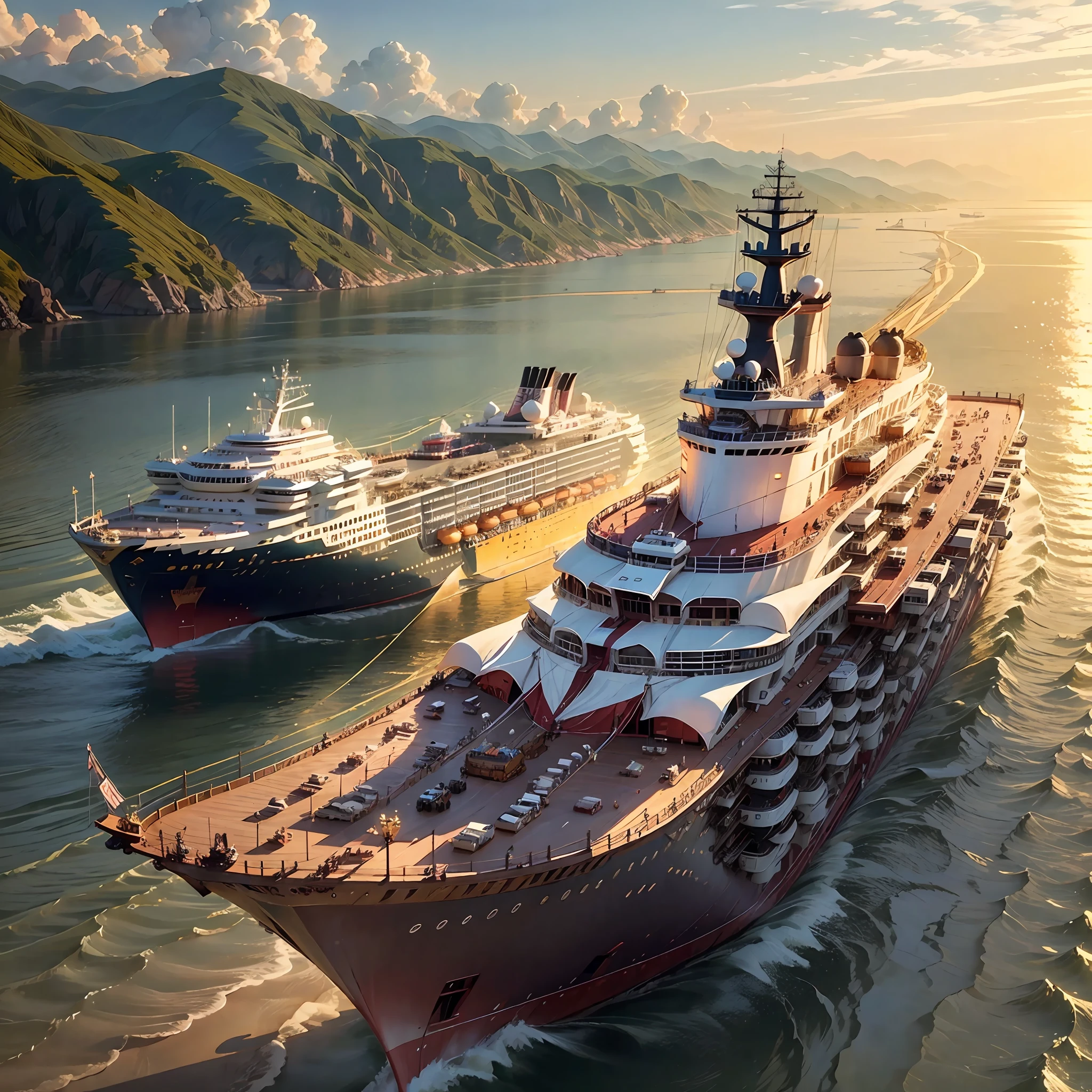A giant cruise ship sails on a wide river，The people on the cruise ship are clearly visible --auto