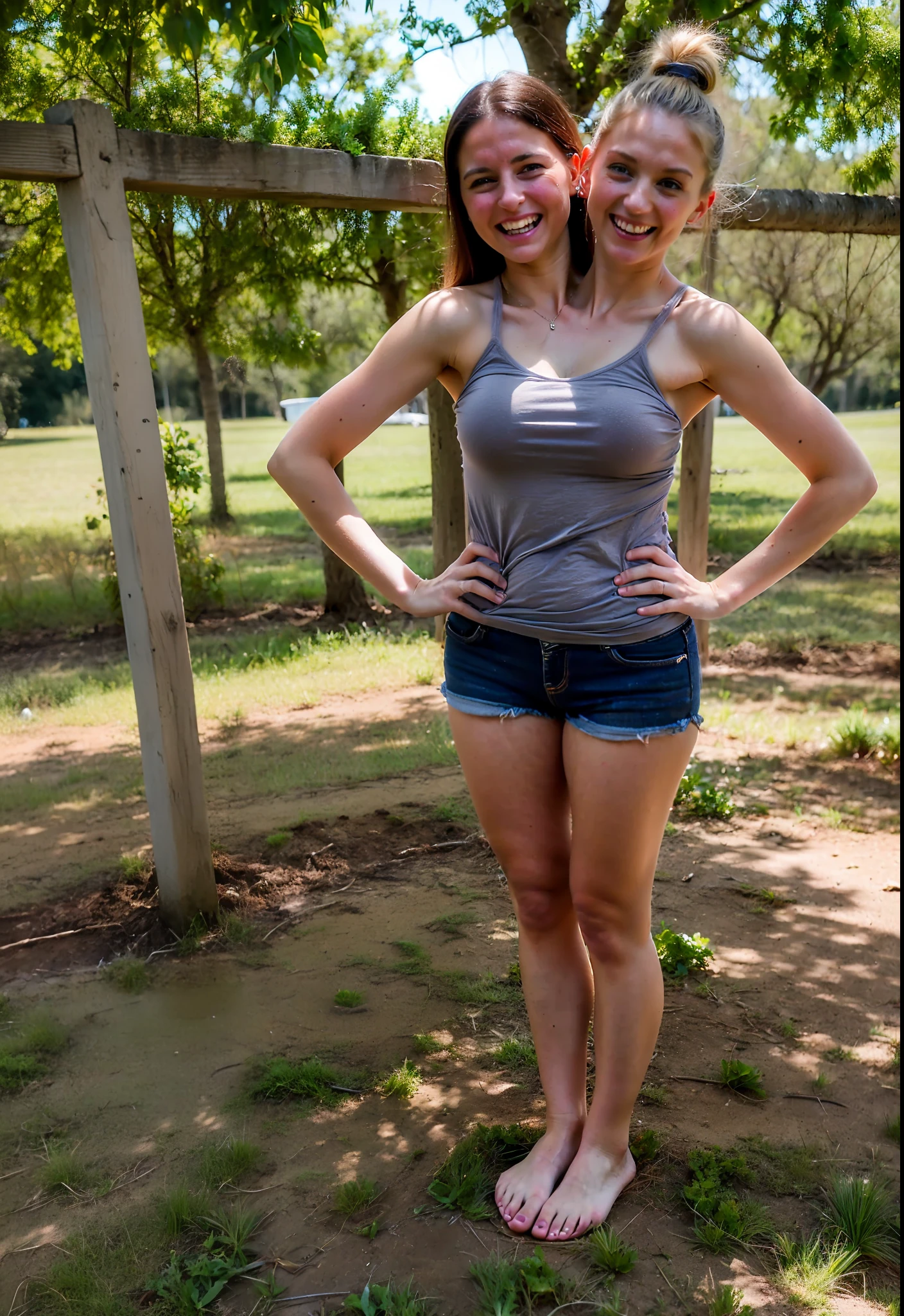 2heads, two headed girl, mom and daughter, (different ages:1.5), (one torso:1.5), (female:1.5), (caucasian:1.5), (two heads on one body:1.4), conjoined twins, heads side by side, one torso, young, uncomfortable, barefoot