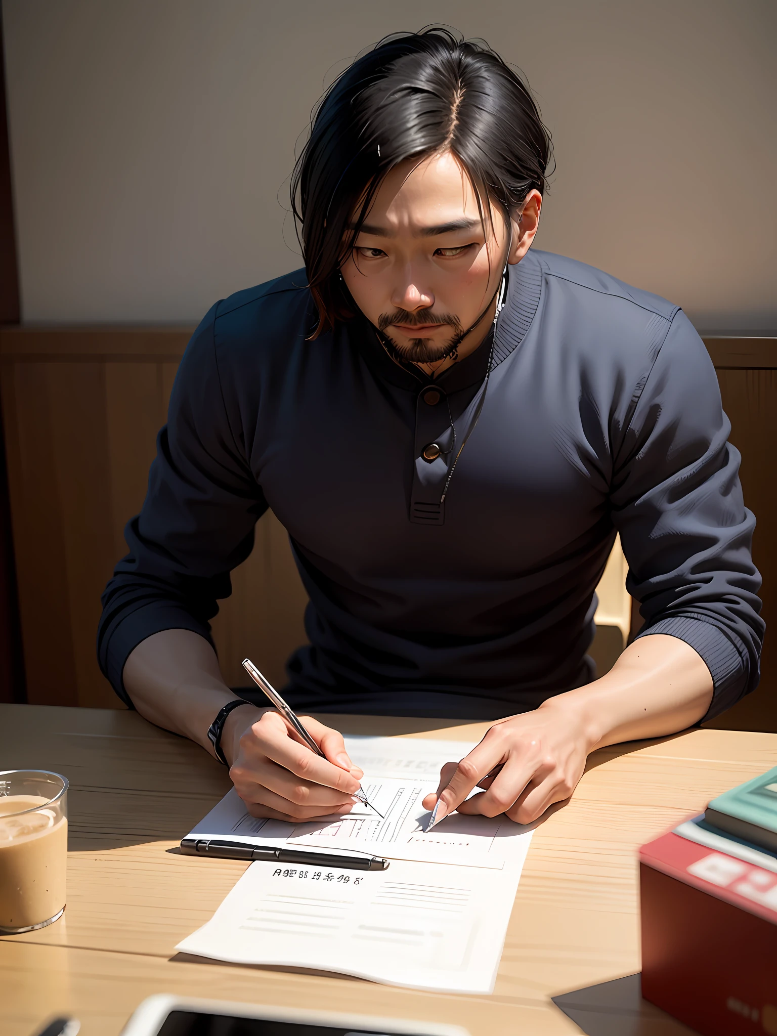 There was a man sitting at the table，Hold a calculator and a cell phone, jinyiwei, photograph taken in 2 0 2 0, chinese artist, huifeng huang, Chiba Yuda, looking at his phone, zeng fanzh, he is about 30 years old, he is about 3 0 years old --auto