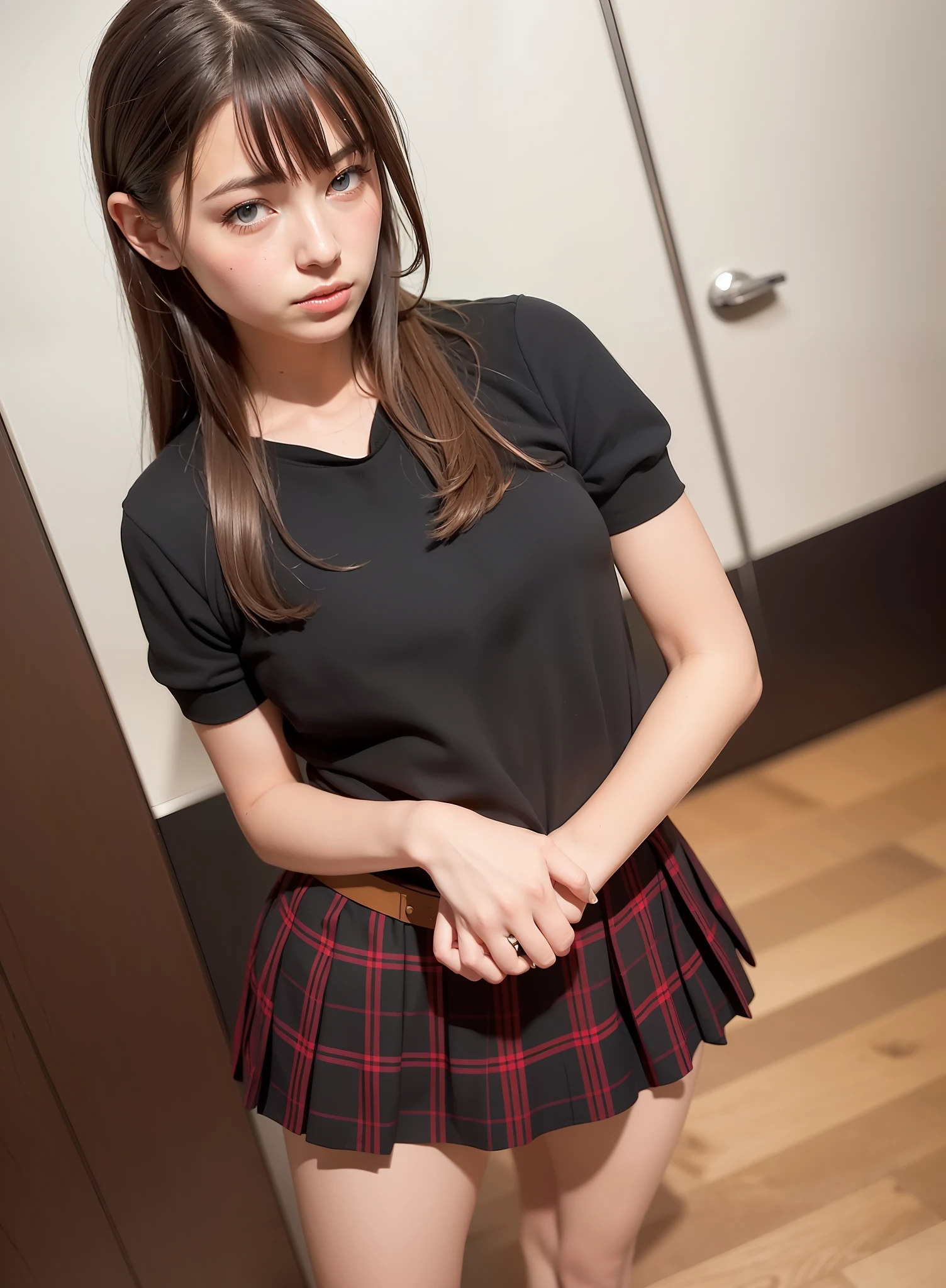 1girl, solo, indoors, long hair, serafuku, looking at viewer, black hair, arms behind back, pleated skirt, neckerchief, plaid, plaid skirt, sailor collar, short sleeves, brown eyes, day, red neckerchief, standing, brown hair, realistic, best quality, ultra high res, (photorealistic:1.4), perfect light, small breasts, parted lips, black thighs, full body,best quality, ultra high res, (photorealistic:1.4),