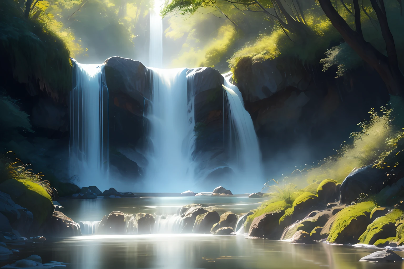 keyword:Waterfall painting template: Template description:The painting shows a magnificent and stunning waterfall scene,The water rushed down,Brilliant splash,It creates a natural force and beauty。 light and shadow effect:Illumination and reflection by sunlight on the waterfall,Create the effect of alternating light and dark and changing light and shadow,Enhance the layering and realism of the waterfall。