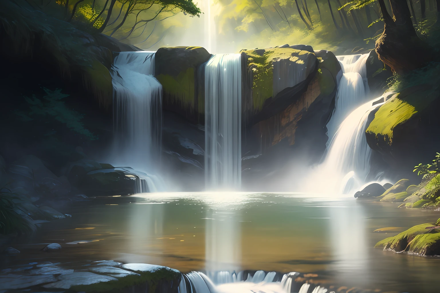 keyword：Waterfall painting template： Template description：The painting shows a magnificent and stunning waterfall scene，The water rushed down，Brilliant splash，It creates a natural force and beauty。 light and shadow effect：Illumination and reflection by sunlight on the waterfall，Create the effect of alternating light and dark and changing light and shadow，Enhance the layering and realism of the waterfall。