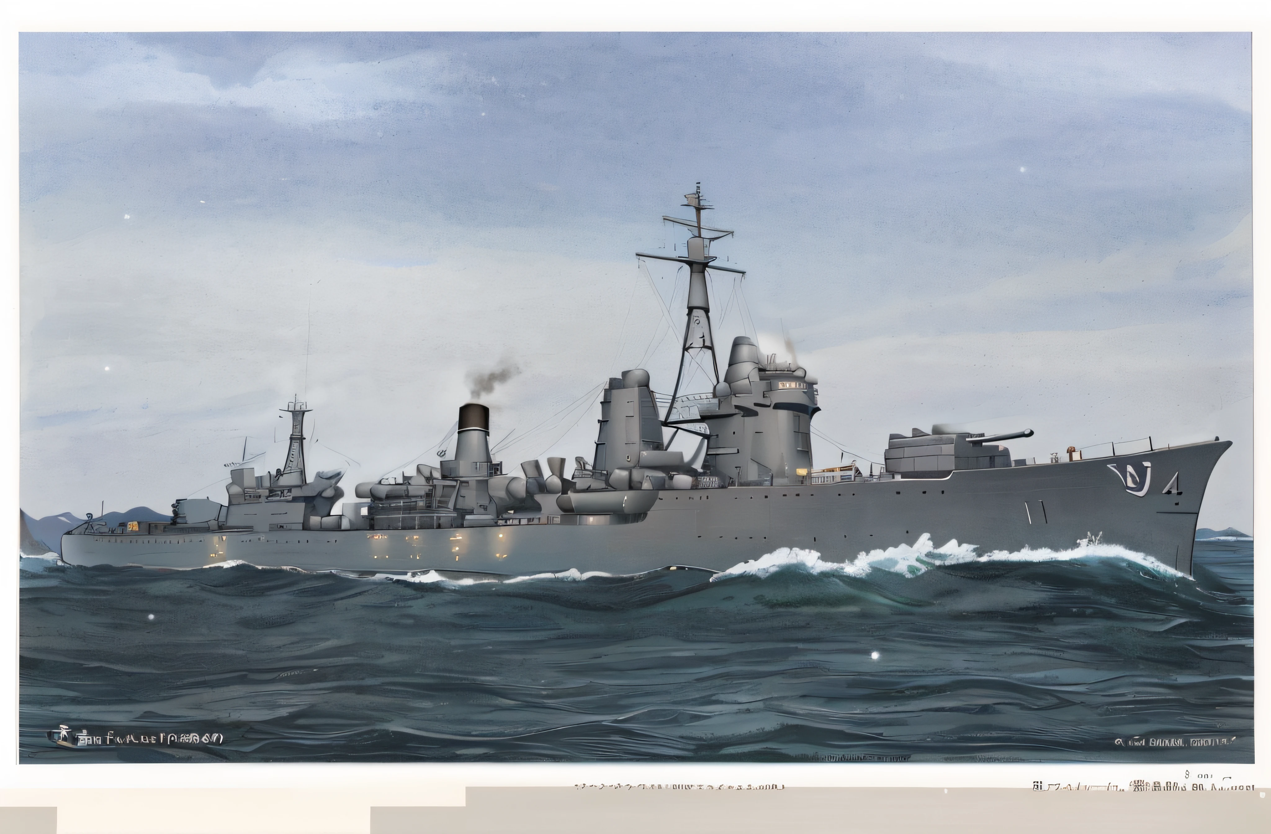 Underwater battleship on sky background, Kirokaze and Paul Robertson, ussg ishimura, yuyushiki, kirokaze, yuji himukai, by Ryūsei Kishida, nizou yamamoto, yoshikata amano, 1944, 1 9 4 4