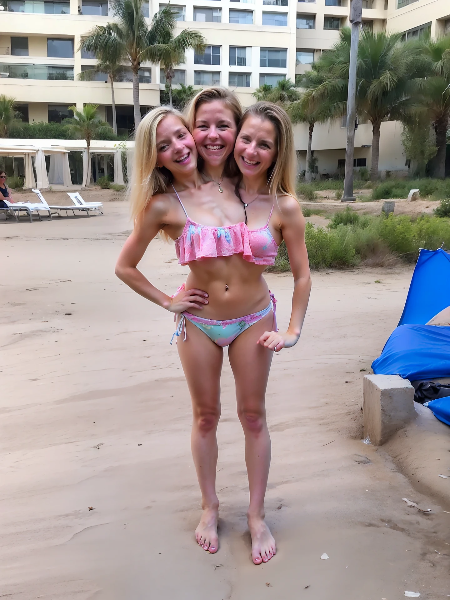 2heads, two headed girl, mom and daughter, (different ages:1.5), (one torso:1.5), (female:1.5), (caucasian:1.5), (two heads on one body:1.4), conjoined twins, heads side by side, one torso, young, uncomfortable, barefoot