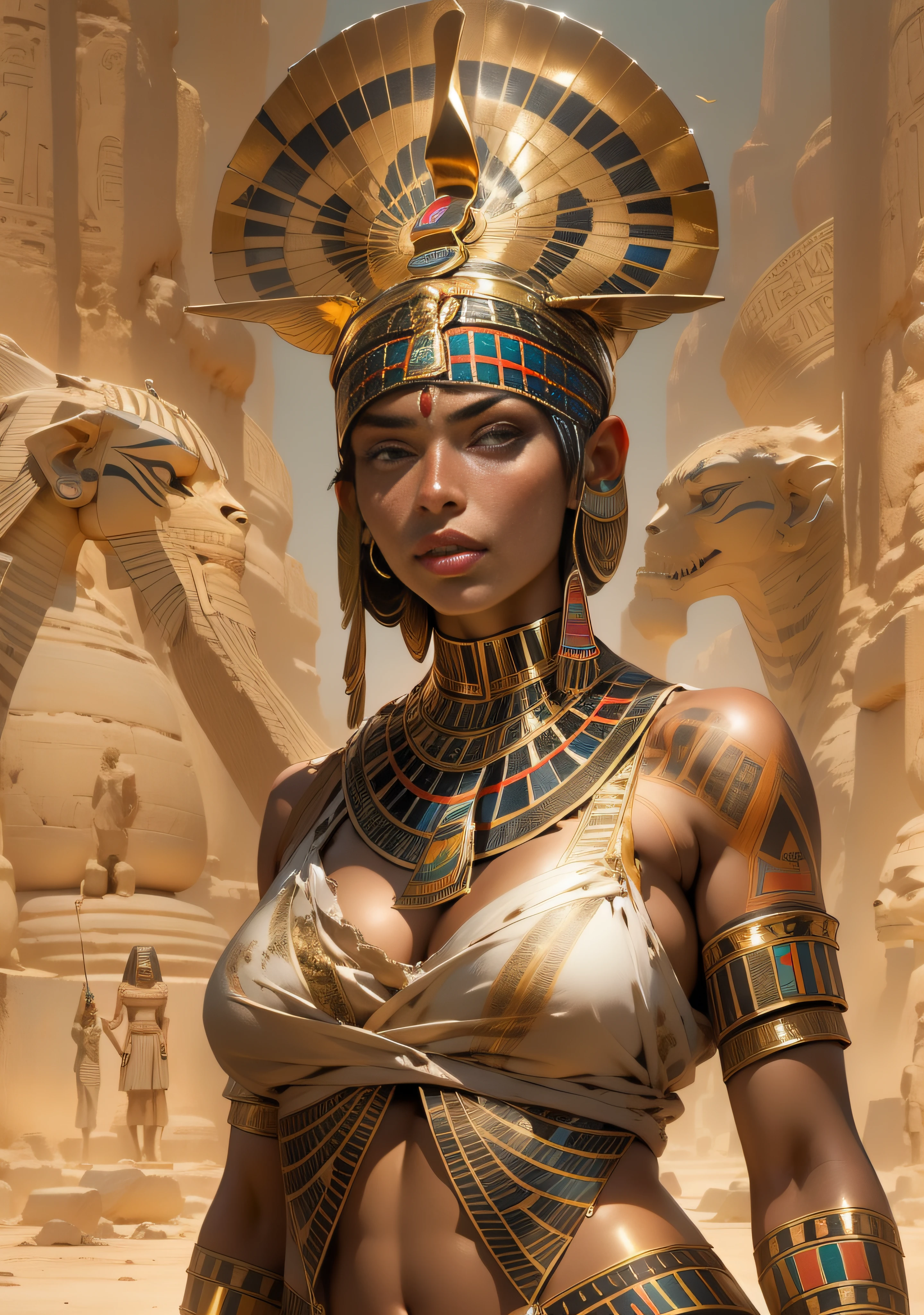 ((oaka_studio)), Bela mulher negra encorpada, 30 anos, Egyptian woman, Egyptian adornments, corpo musculoso e perfeito, ((costas)), head covered with an Egyptian headdress, Dark skin shiny with oil and sweat, guerreira Esfinge com pouca roupa, Tiny old-bodied thong, metallic snake-shaped bra covering only a small part of the large breasts, Egyptian tattoo, arms covered by Egyptian adornments, seios grandes cobertos por faixas de tecido, decote generoso, holding a blood-stained spear, rosto corajoso, reino escuro, pose sexy, andando em um deserto, pyramids in the background