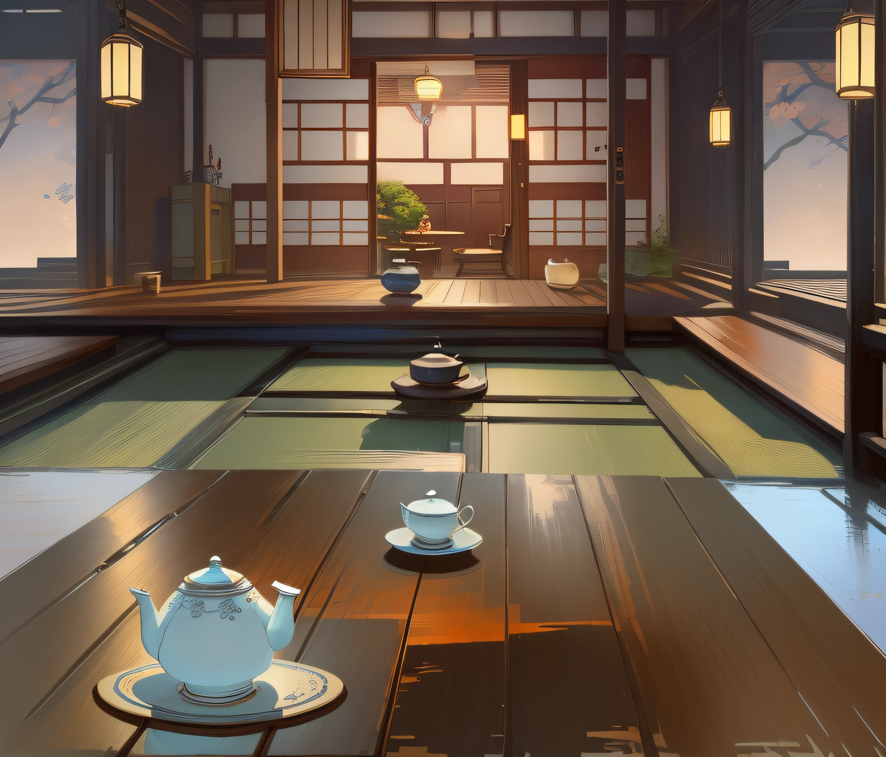 There was a teapot and two cups on the table, Relaxing concept art, Anime background art, Anime landscape concept art, akihiko yoshida. illusory engine, inspired by Tōshi Yoshida, traditional japanese concept art, tea ceremony scene, A beautiful artwork illustration, Inspired by Yoshida Hanbei, interior background art, highly detailed scenario, cozy cafe background