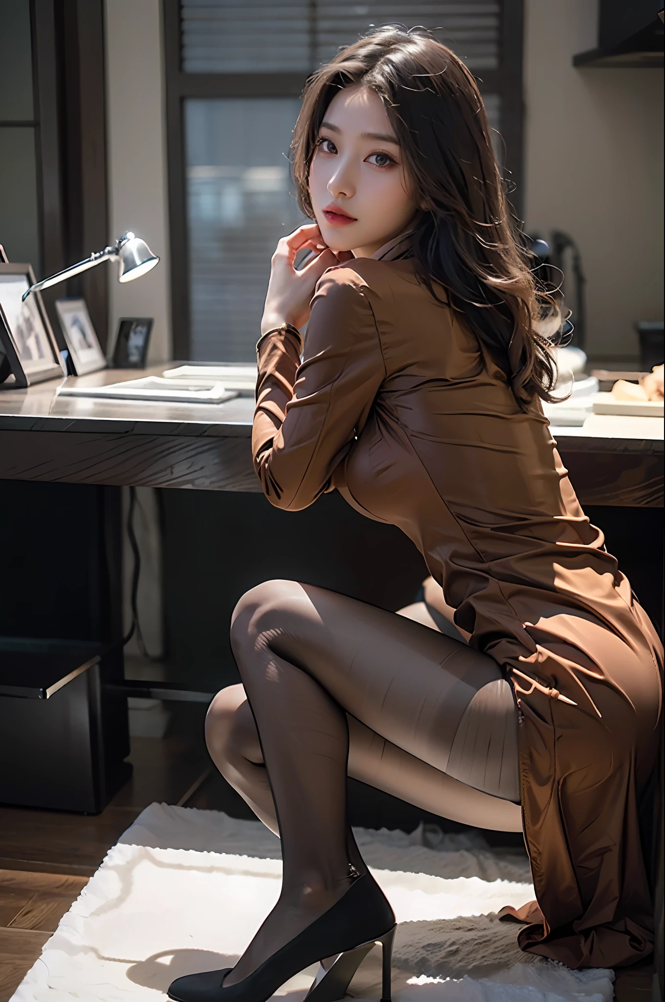 ((masterpiece), (best quality), ultra high res, (raw photo:1.2), (photorealistic:1.4), Exceptional detail, dramatic lighting, highres,   8k, absurdres, CN_Girl1, 1girl,
 boots, breasts, brown_eyes, brown_hair, brown_jacket, chain, dress, from_side, indoors, jacket, lips, lipstick, long_hair, looking_at_viewer, looking_to_the_side, makeup, medium_breasts, pantyhose, photorealistic, realistic, sitting, solo, stool, brown_dress