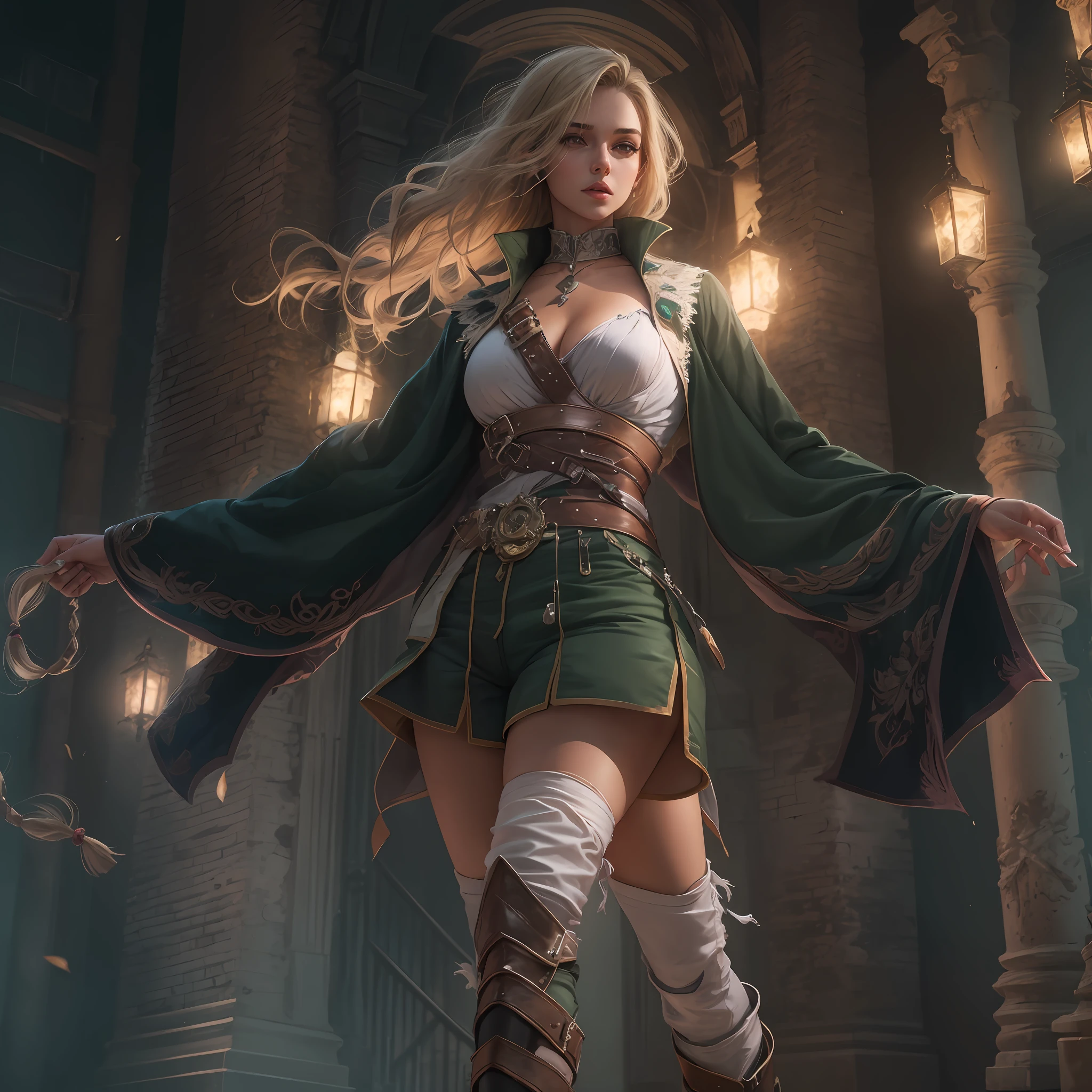 mulher loira de shorts curto, roupa verde e branca, 20 anos, cabelo loiro, cabelo dourado, long braided hair, botas brancas, castlevania, sensual, dynamic lights, dinamic angle, 4k, fagulhas brilhantes, barriga bonita