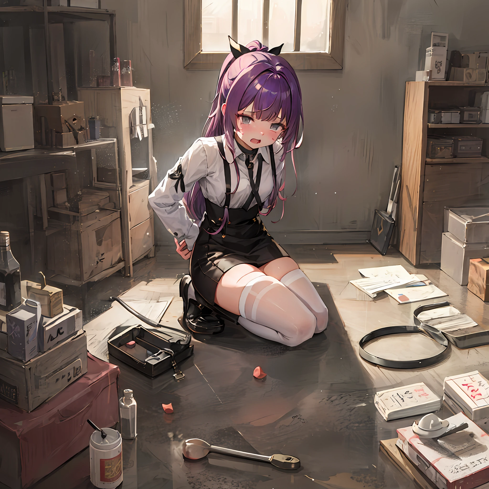 masterpiece,1girl,solo,  purple hair, metal collar, tears,cry,tearing up, white legwear, chain leash,arms behind back:1.2,kneeling,bondage,bdsm, high ponytail,