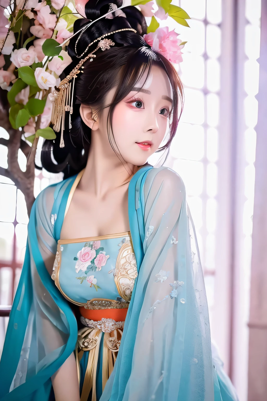 ulzzang-6500-v1.1, (raw photo: 1.2), (photorealistic: 1.4)) best quality, beautiful, beautiful, beautiful, extremely detailed, CG, unity,8k amazing wallpaper, beautiful detail, masterpiece, best quality, official art, very detailed CG unity 8k wallpaper, ridiculous, unbelievably ridiculous, huge file size, super detailed, high resolution, very detailed, beautiful detailed girl, very detailed eyes and face, beautiful detailed eyes, movie lighting, 1 girl, perspective, looking at the audience, full body, full body photo, outdoors, hands behind your back, (Hanfu)