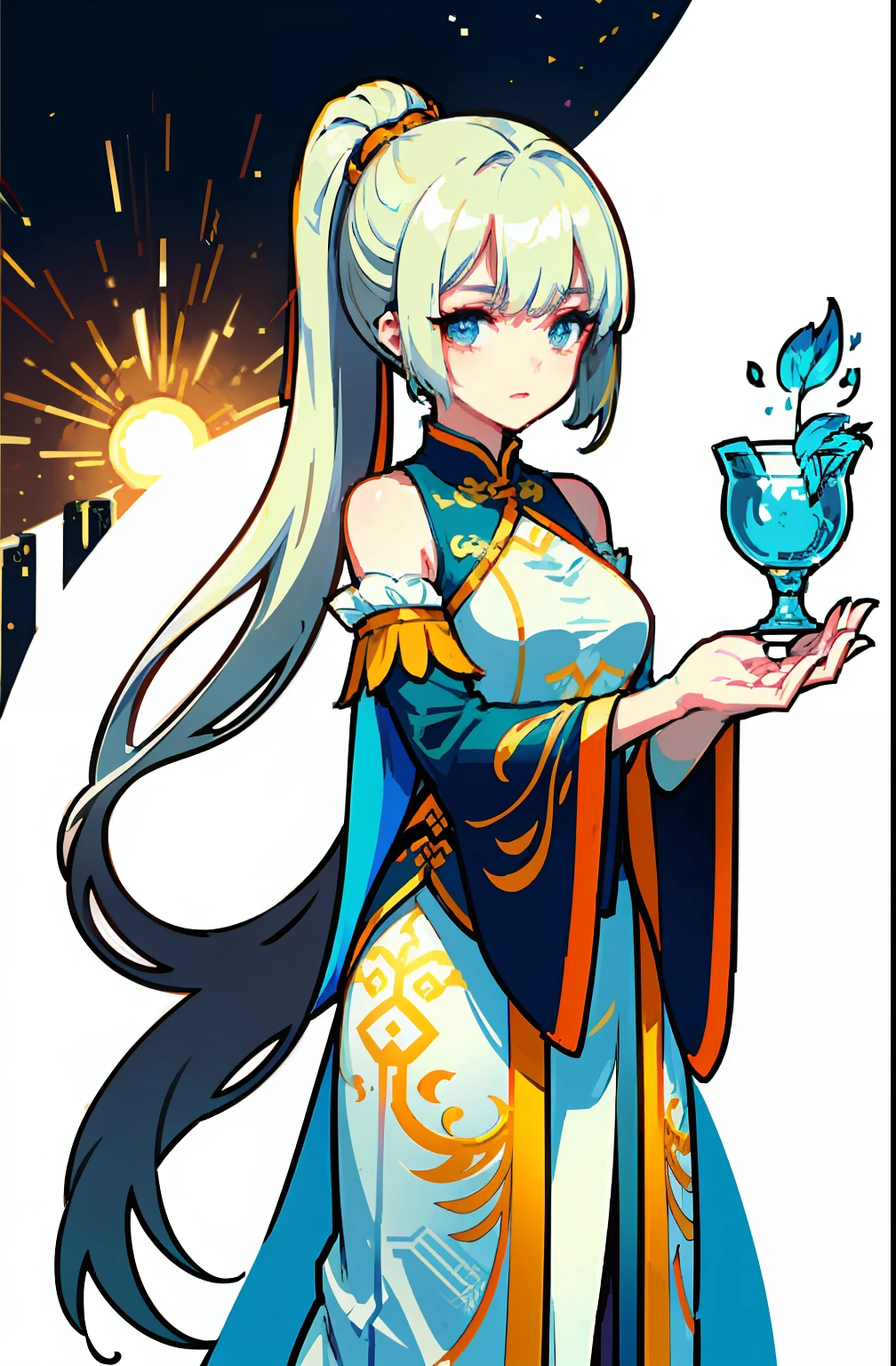 (offcial art：1.5，品质最佳，finedetail)close-up all over the body，Beautiful white girl，Chinese mythology style fantasy world costume，white  skirt，Long, flowing white hair，Very long ponytail，refined demeanor，A faint sad expression，Heroic，Elegant and flowing。