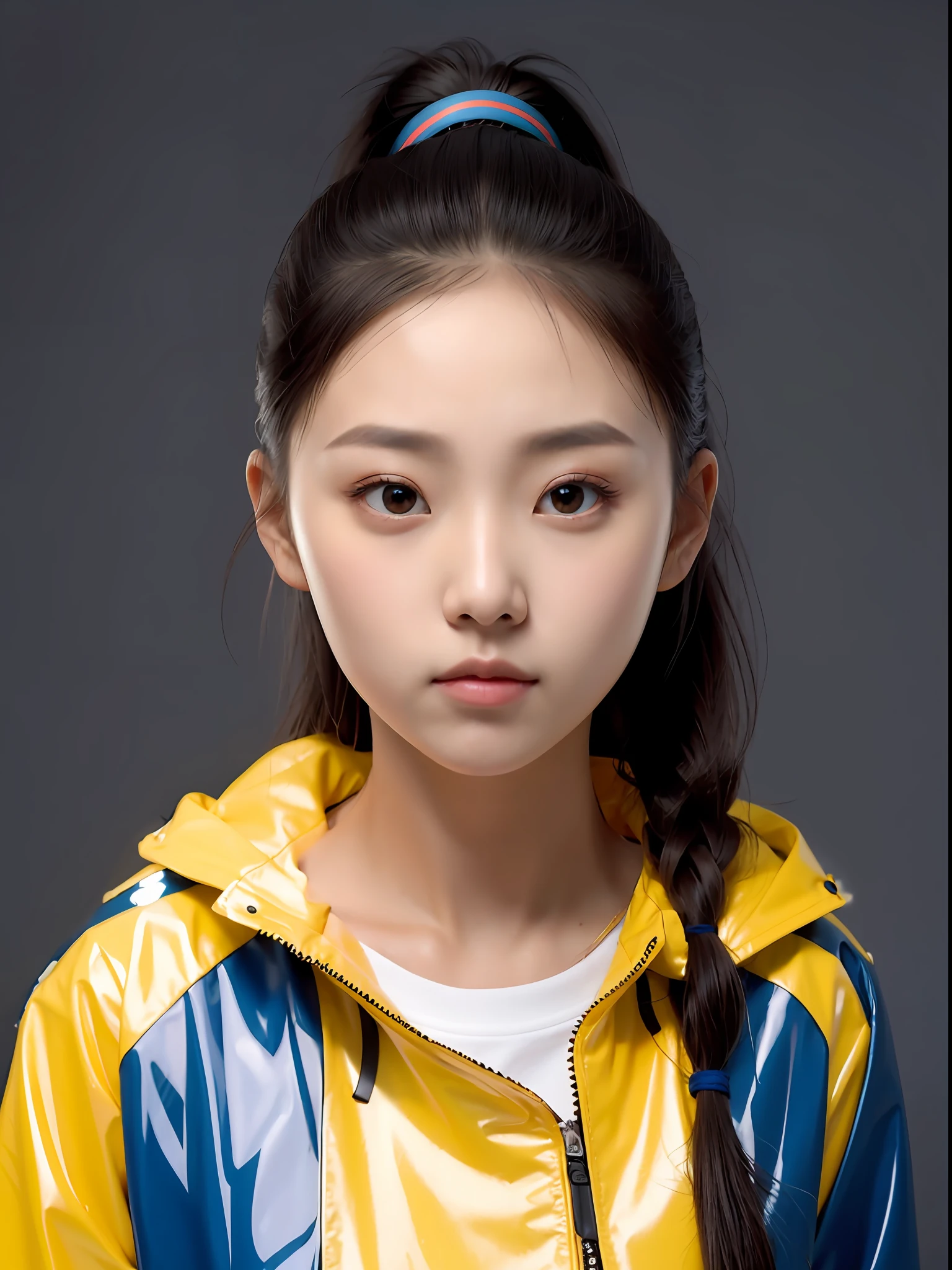 chinese school girl,Wearing a PVC red coat,With 2 small pigtails