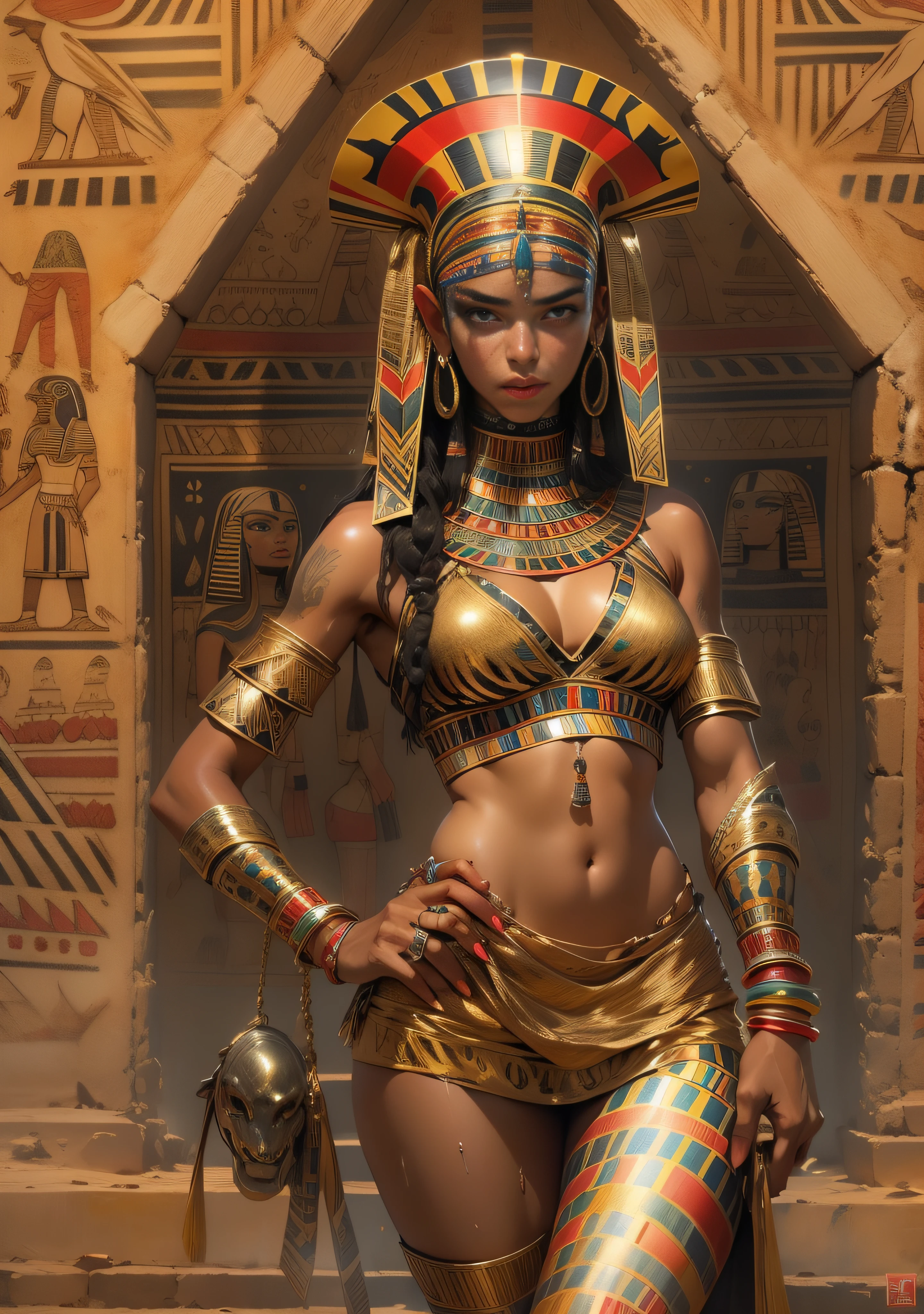 ((oaka_studio)), Bela mulher negra encorpada, 30 anos, Egyptian woman, Egyptian adornments, corpo musculoso e perfeito, ((costas)), head covered with an Egyptian headdress, Dark skin shiny with oil and sweat, guerreira Esfinge com pouca roupa, Tiny old-bodied thong, metallic snake-shaped bra covering only a small part of the large breasts, Egyptian tattoo, arms covered by Egyptian adornments, seios grandes cobertos por faixas de tecido, decote generoso, holding a blood-stained spear, rosto corajoso, reino escuro, pose sexy, andando em um deserto, pyramids in the background