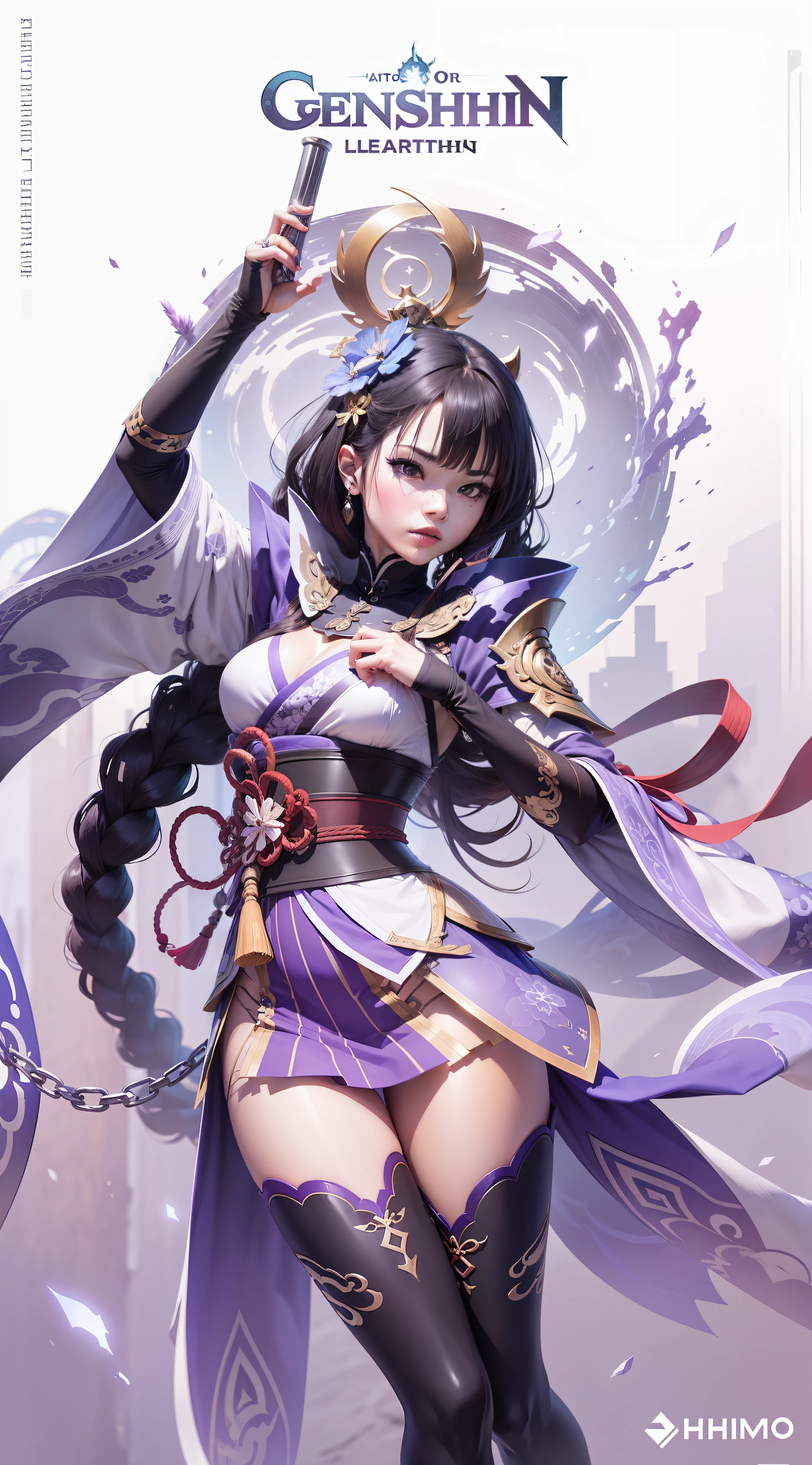 uma imagem de desenho animado de uma mulher em uma roupa roxa, Impacto Genshin, Xianxia de corpo inteiro, Zhongli, Impacto Genshin, ayaka jogo genshin impacto, arte detalhada Onmyoji, corpo inteiro branco roxo manto, Roupas de bruxa astral, Personagem Impacto Genshin, Realismo, Sunset, HDR, fotorRealismoo, Realismo de anime, heaven, lightnings, eletricidade, raiden shogun genshin impacto, ....3d , menina japonese, realismo, a light sword in your hand, Beatyfull, efeitos vx, Obi, anime girl,  Background Story --auto