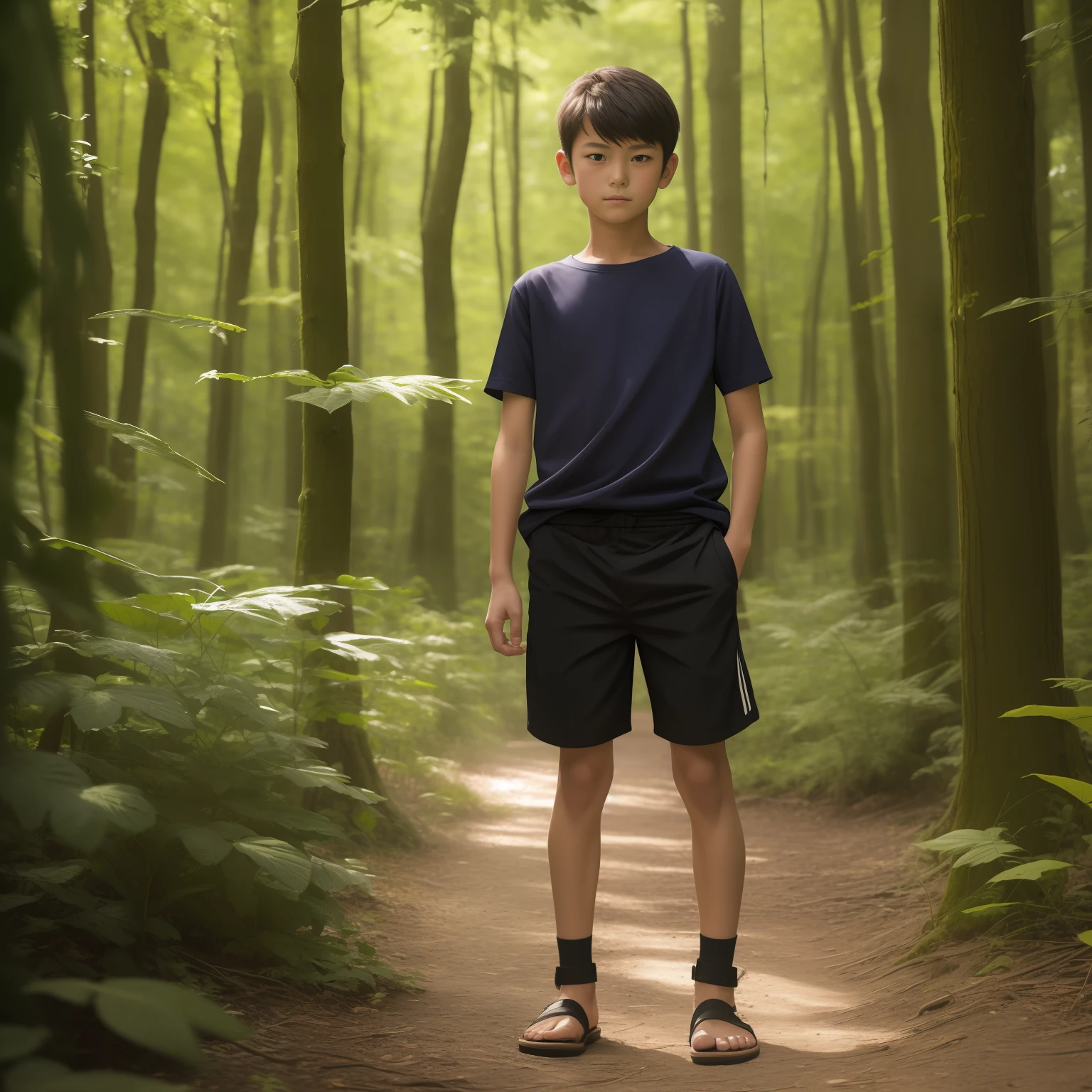 ​masterpiece, top-quality,  boy, Sit in the summer forest, Full-body close-up, Yota Hiiragi, White T-shirt with black sandals and shorts