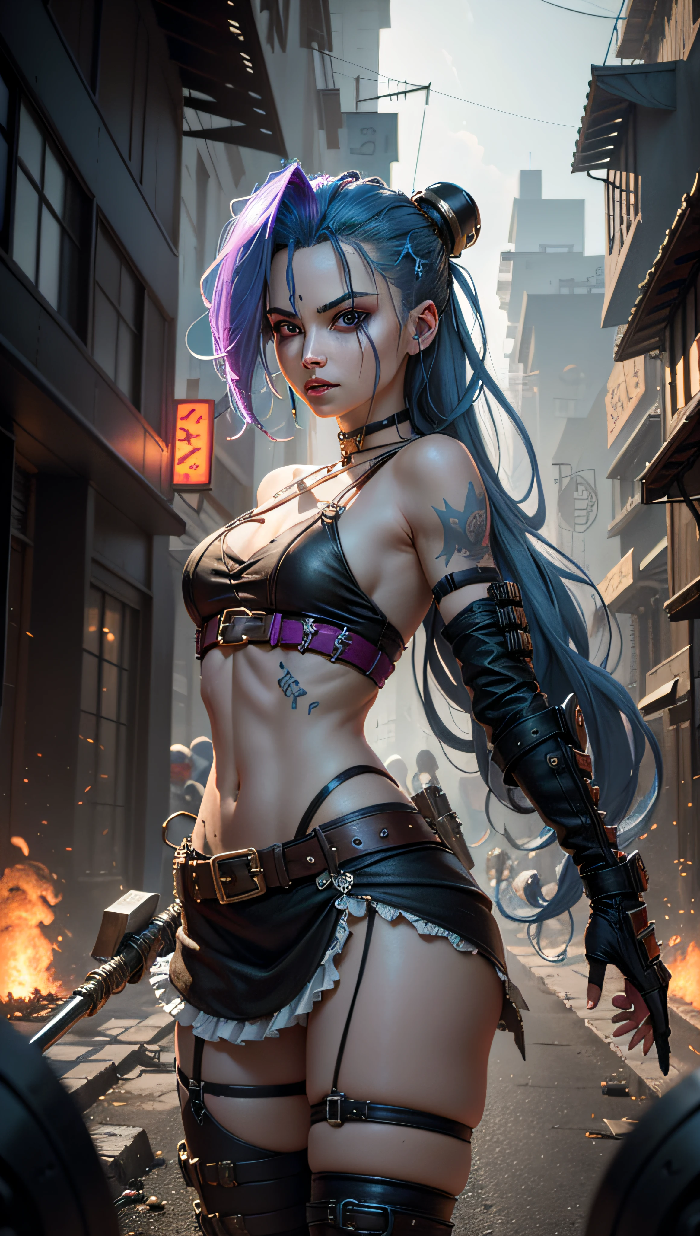 ((Best quality)), ((masterpiece)), (highly detailed:1.3), 3D, arcane style,In the dark and gritty dystopian city Piltover, plagued by violence and divided into two opposing factions, a young prodigy named Jinx emerges. Having endured unimaginable loss and abandonment, she has embraced a life of chaos and destruction. Known for her inventive and explosive abilities, Jinx becomes an icon of rebellion against the oppressive forces controlling the city. However, haunted by guilt and battling inner demons, she must confront her past and decide whether to continue down the path of anarchy or seek redemption amidst the turmoil. Explore the journey of Jinx as she navigates a treacherous world, fighting for survival, unraveling secrets, and discovering the true meaning of her twisted existencechaos reigns supreme, and at the heart of it all is Jinx, the embodiment of unpredictability. Delve deep into the twisted mind of Jinx, exploring the origins of her madness and the driving force behind her destructive nature. Unveil the moments that shaped her into the deranged and iconic character we know. Take us on a wild journey through the vibrant streets of Piltover and the grim underbelly of Zaun as Jinx wreaks havoc with her explosive arsenal. Can redemption ever find its way into Jinx's fractured soul? Or will she forever dance on the edge of sanity, embracing the chaos that fuels her very existence? The fate of Arcane hangs in the balance as Jinx's path intertwines with unlikely allies and formidable foes. Ignite your imagination and paint a vivid portrait of Jinx's twisted psyche, capturing the essence of her madness and the untamed spirit that defines her,HDR (High Dynamic Range),Ray Tracing,NVIDIA RTX,Super-Resolution,Unreal 5,Subsurface scattering,PBR Texturing,Post-processing,Anisotropic Filtering,Depth-of-field,Maximum clarity and sharpness,Multi-layered textures,Albedo and Specular maps,Surface shading,Accurate simulation of light-material interaction,Perfect proportion