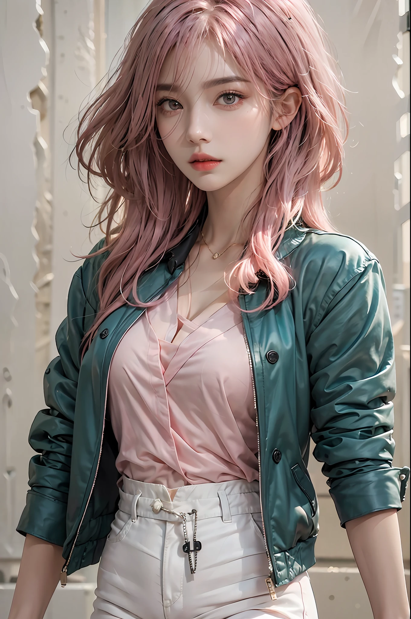photorealistic, high resolution, 1 women, solo, hips up, beautiful eyes,power \(csm\), pink hair, symbol-shaped pupils, cross-shaped pupils, blue jacket, collared shirt, black necktie, black pants