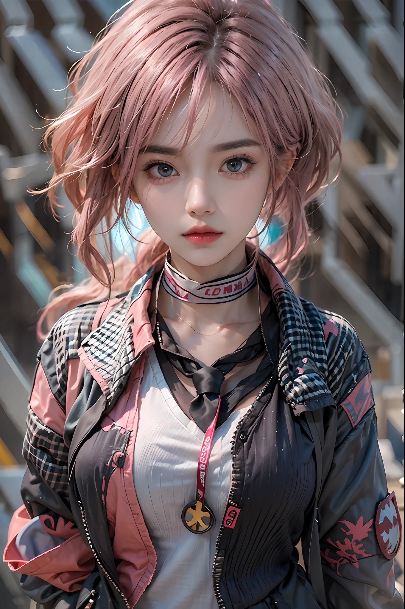 photorealistic, high resolution, 1 women, solo, hips up, beautiful eyes,power \(csm\), pink hair, symbol-shaped pupils, cross-shaped pupils, blue jacket, collared shirt, black necktie, black pants