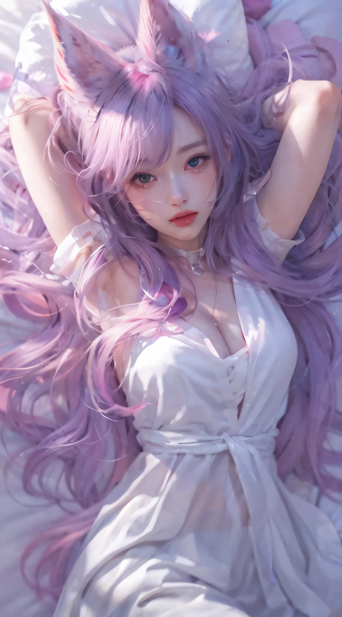 The purple-haired girl was lying on the bed,(beast ear),cleavage,largeeyes,Rest your head on your hand, Guviz-style artwork, Guviz, Soft anime illustration, style of anime4 K, Anime art wallpaper 8 K, Detailed digital anime art, 8K high quality detailed art, Guweiz in Pixiv ArtStation, ilya kuvshinov with long hair