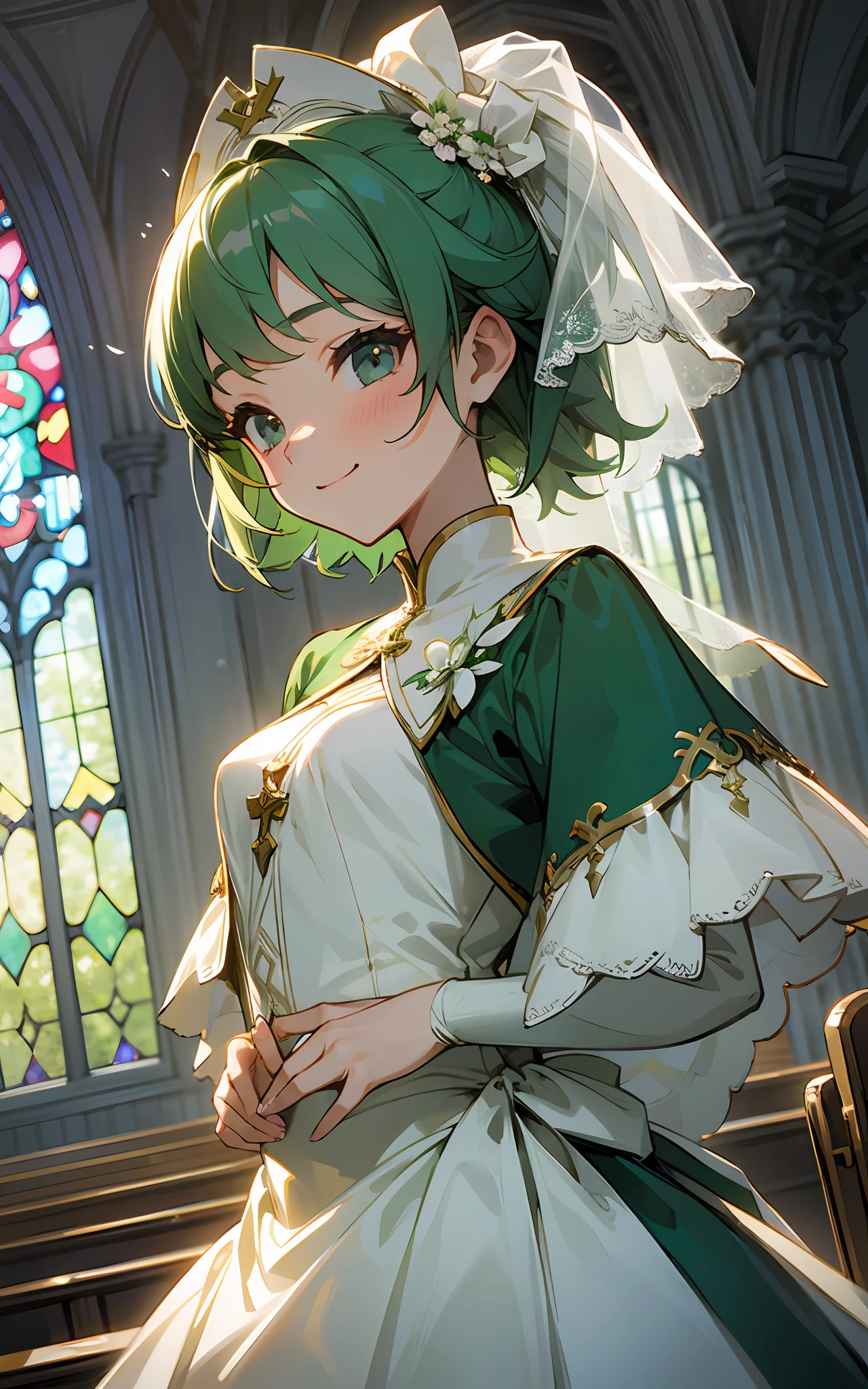 Beautiful girl in green shortcut、wearing a wedding dress、Small Church、Open Place、a smile、