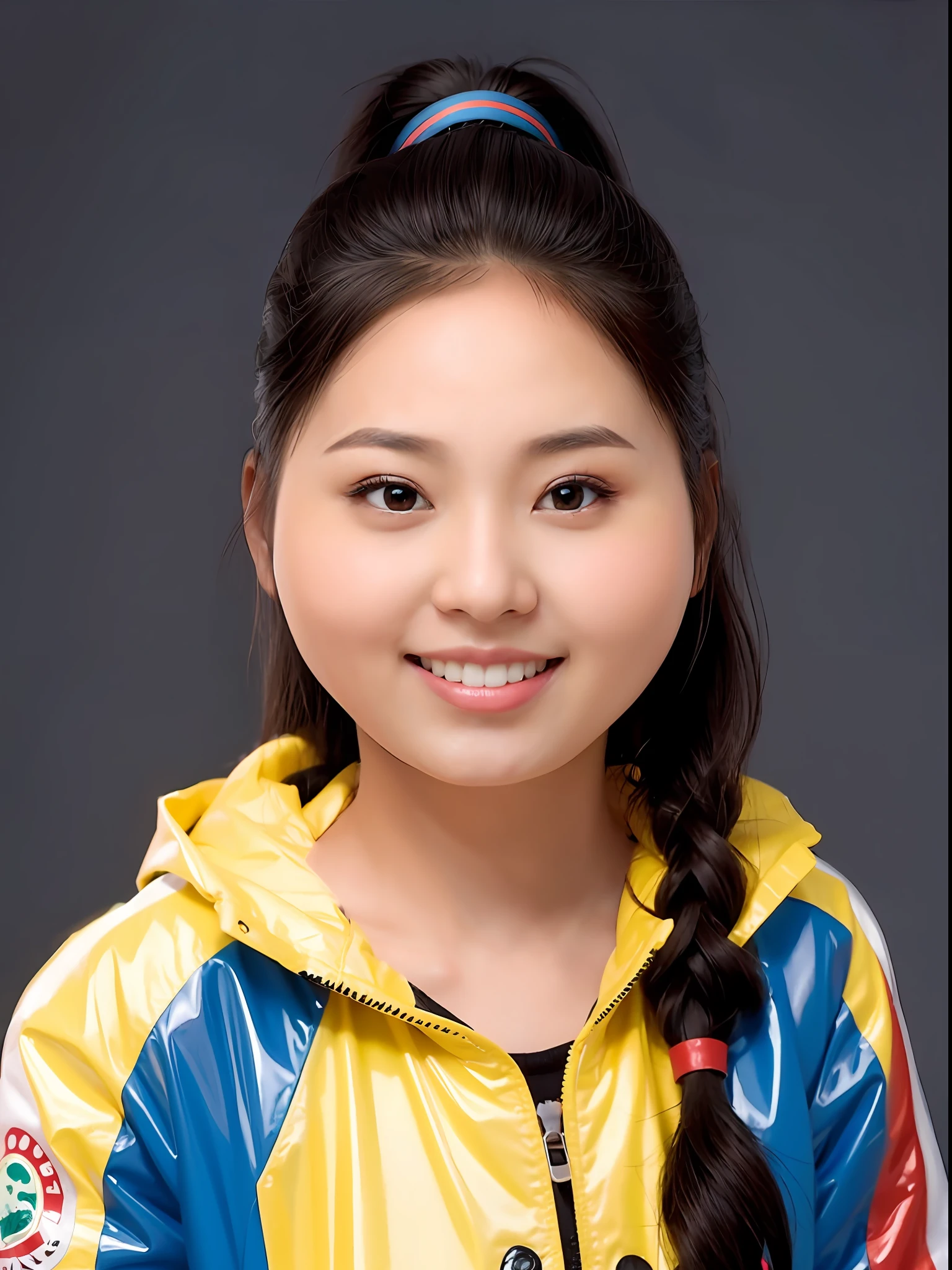 chinese school girl,Wearing a PVC red coat,With 2 small pigtails