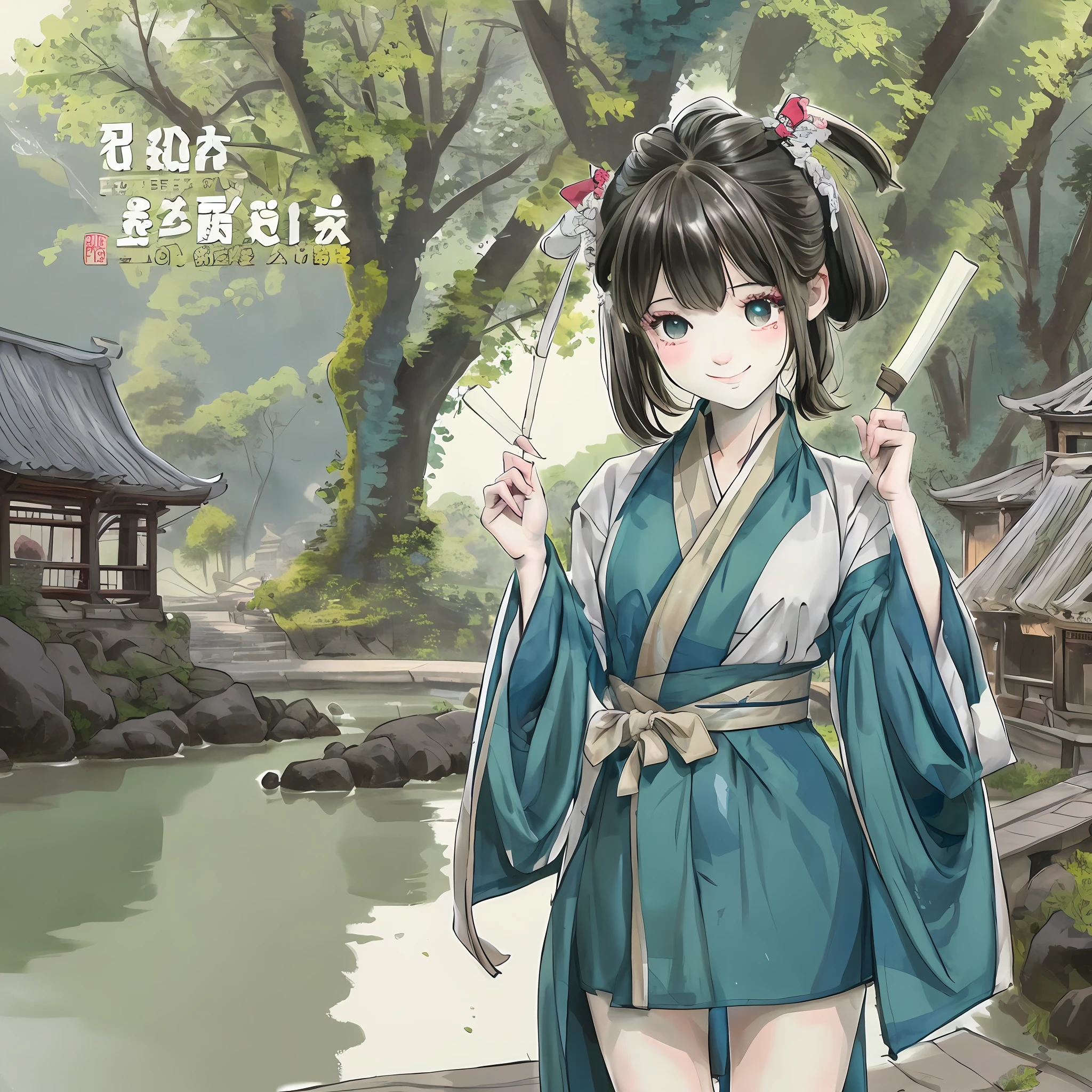 (masterpiece),best quality,good anatomy, shuimobysim,(1 girl:1), (upper body),(smile),short hair,(hanfu),(ecchi0.5), (trees:0.5), (flowers:0.6) ,(wooden house:0.2),(bamboo forest:0.2),(creek:0.2),(river:0.2),