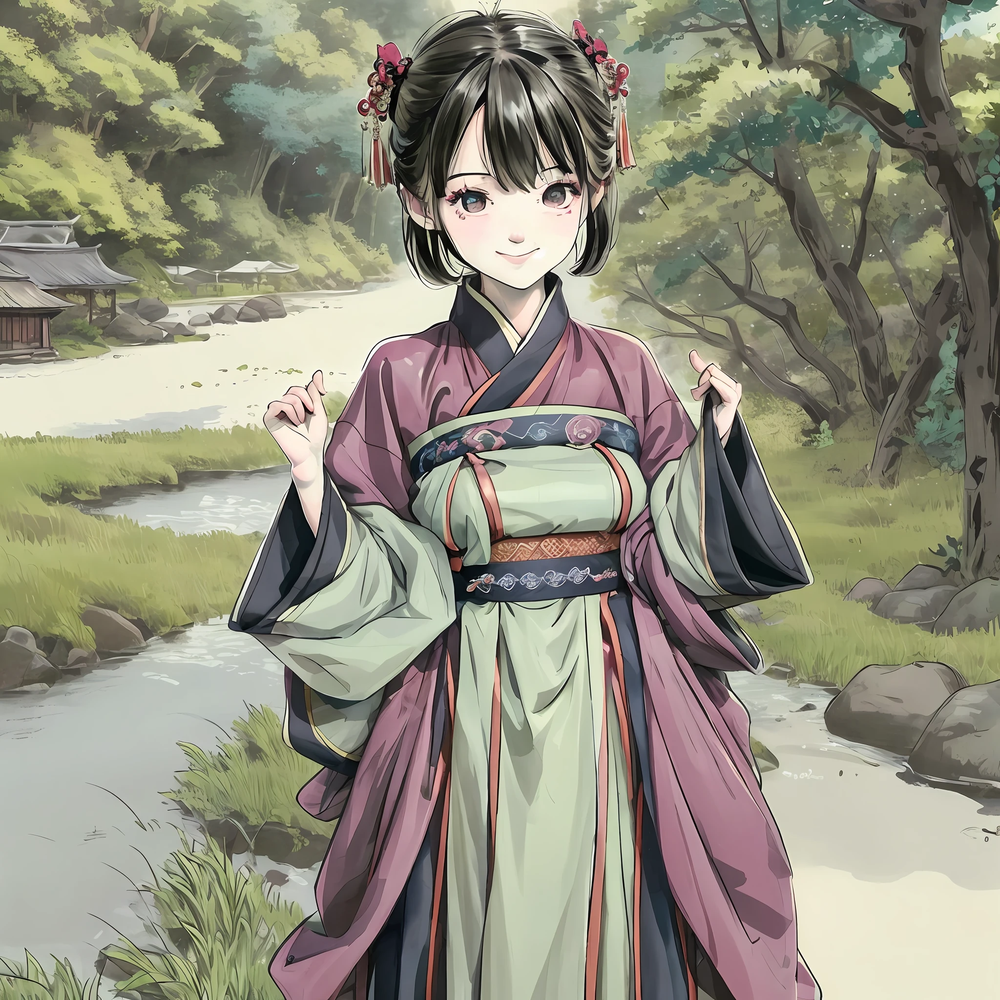 (masterpiece),best quality,good anatomy, shuimobysim,(1 girl:1), (upper body),(smile),short hair,(hanfu),(ecchi0.5), (trees:0.5), (flowers:0.6) ,(wooden house:0.2),(bamboo forest:0.2),(creek:0.2),(river:0.2),