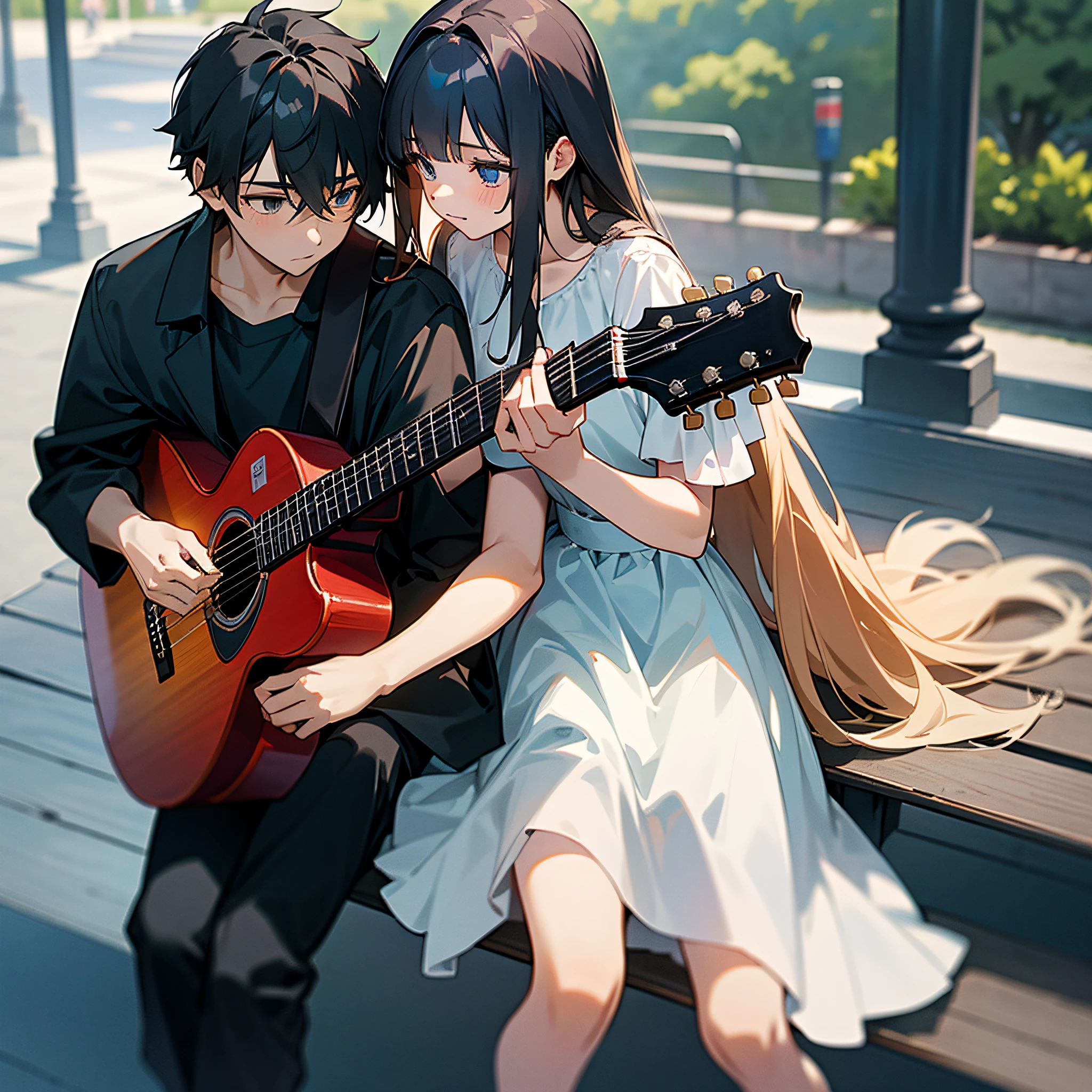 At dusk, a girl and a boy are sitting on a park bench, young girl has no guitar, dress with long hair, boy holds guitar, middle school student --auto