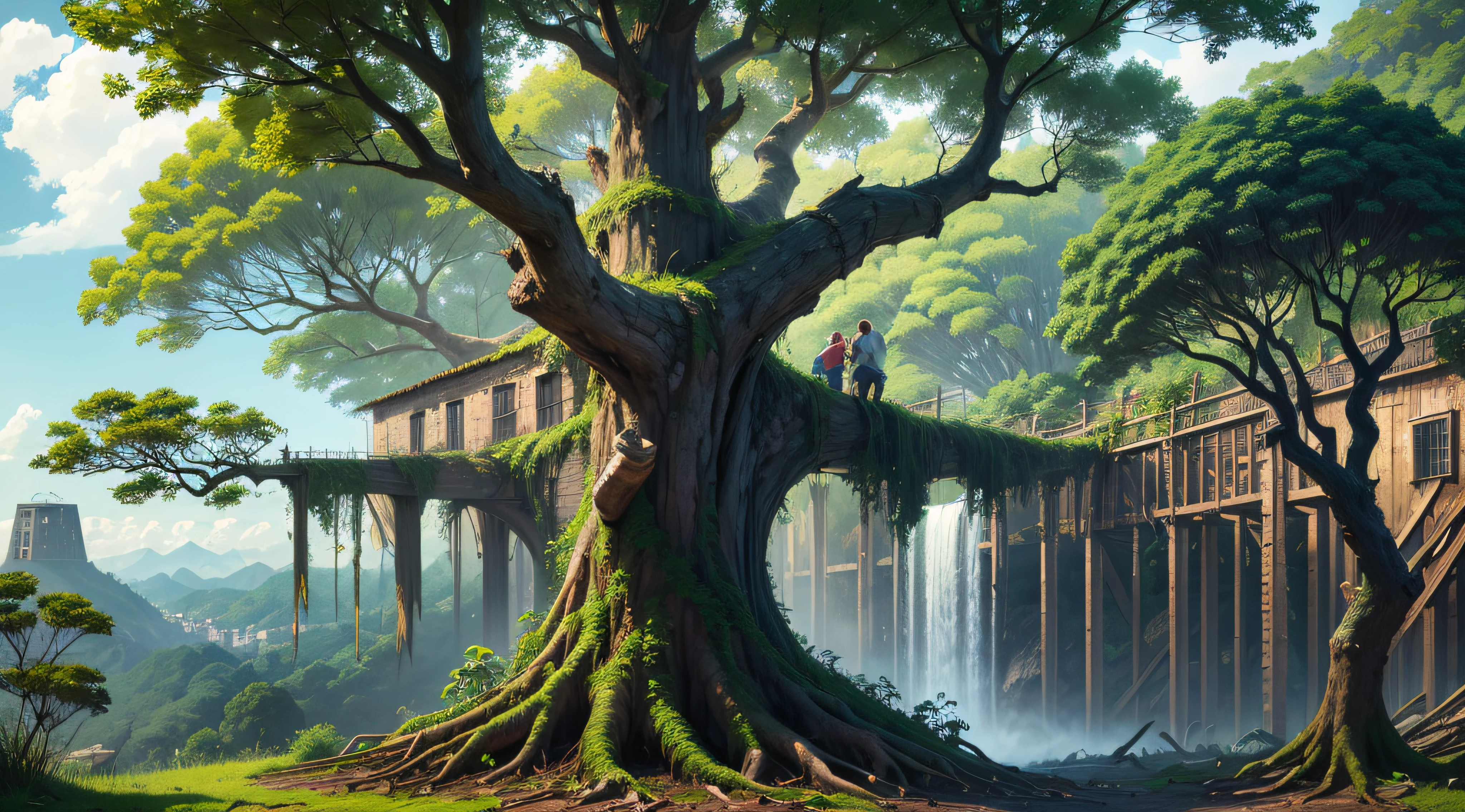 Gigantic colorful trees with many vines, palmeiras, coqueiro, fallen logs, a watermill , moinho de vento, numa cachoeira exuberante, rio com grandes rochas hiper realista, sky with clouds, sol, lua, global ilumination, profundidade de campo,