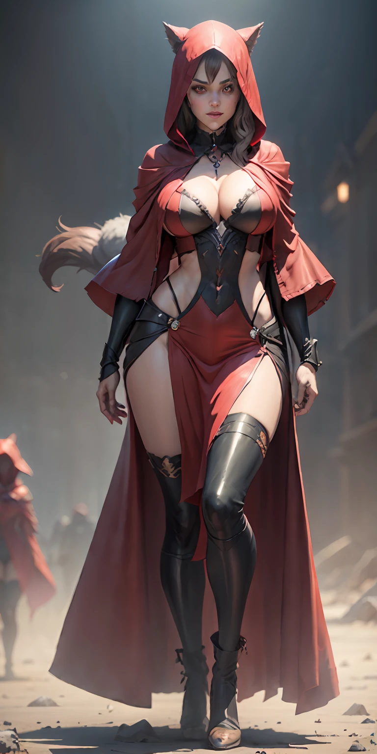 Red Riding Hood, big breasts, frontal, full-length, looking at the camera, facing the audience, standing pose, werewolves in the background, three-dimensional light, detailed full-body concept, sleek digital concept art, beautiful full-body concept art, art trend, CGsociety full-length,