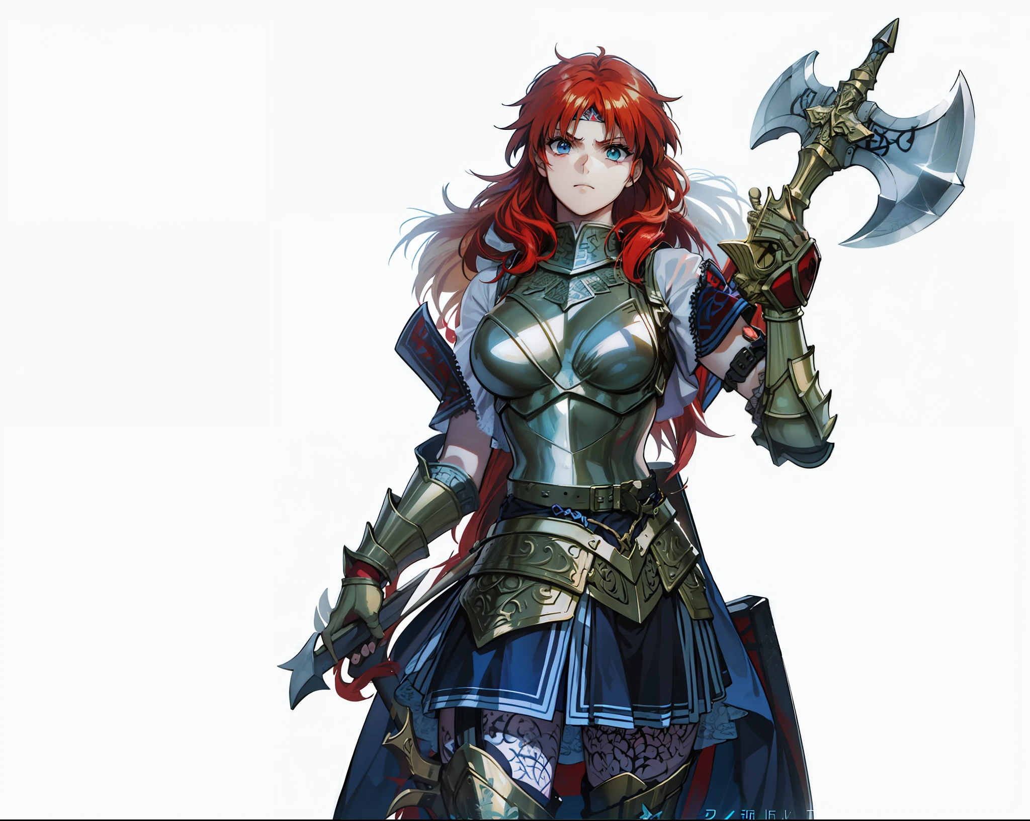 Boadicea, red-haired Viking warrior with Nordic armor and rune tattoos on her body and blooming blue eyes holding an axe, 4k