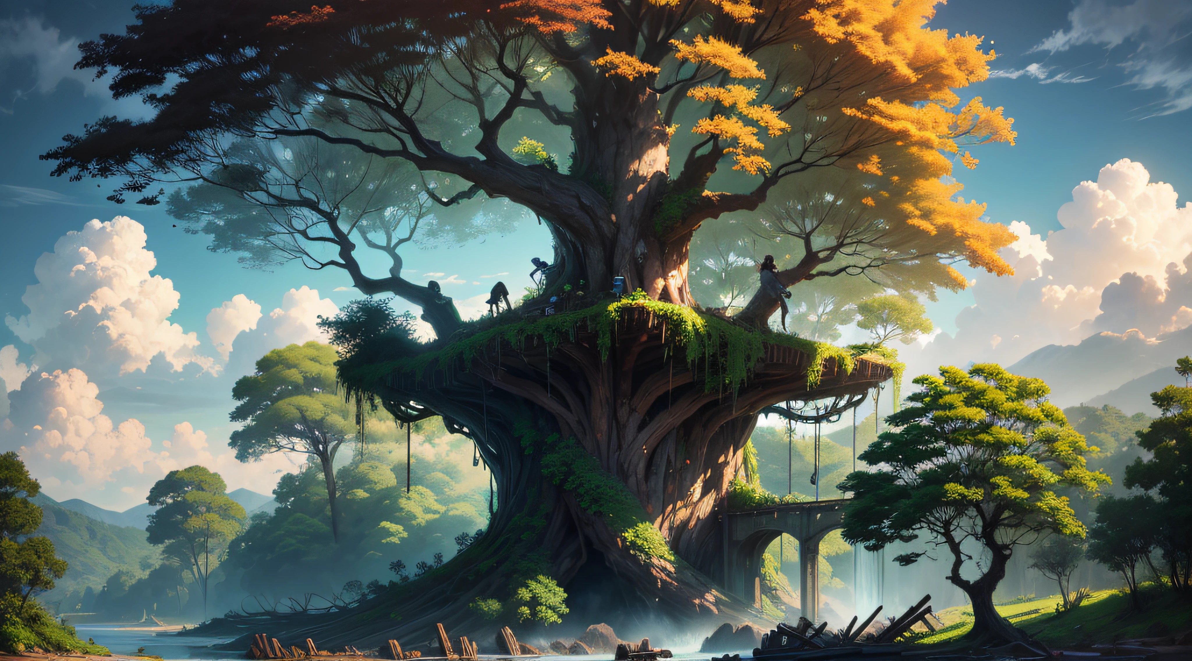 Gigantic colorful trees with many vines, palmeiras, coqueiro, fallen logs, a watermill , moinho de vento, numa cachoeira exuberante, rio com grandes rochas hiper realista, sky with clouds, sol, lua, global ilumination, profundidade de campo,