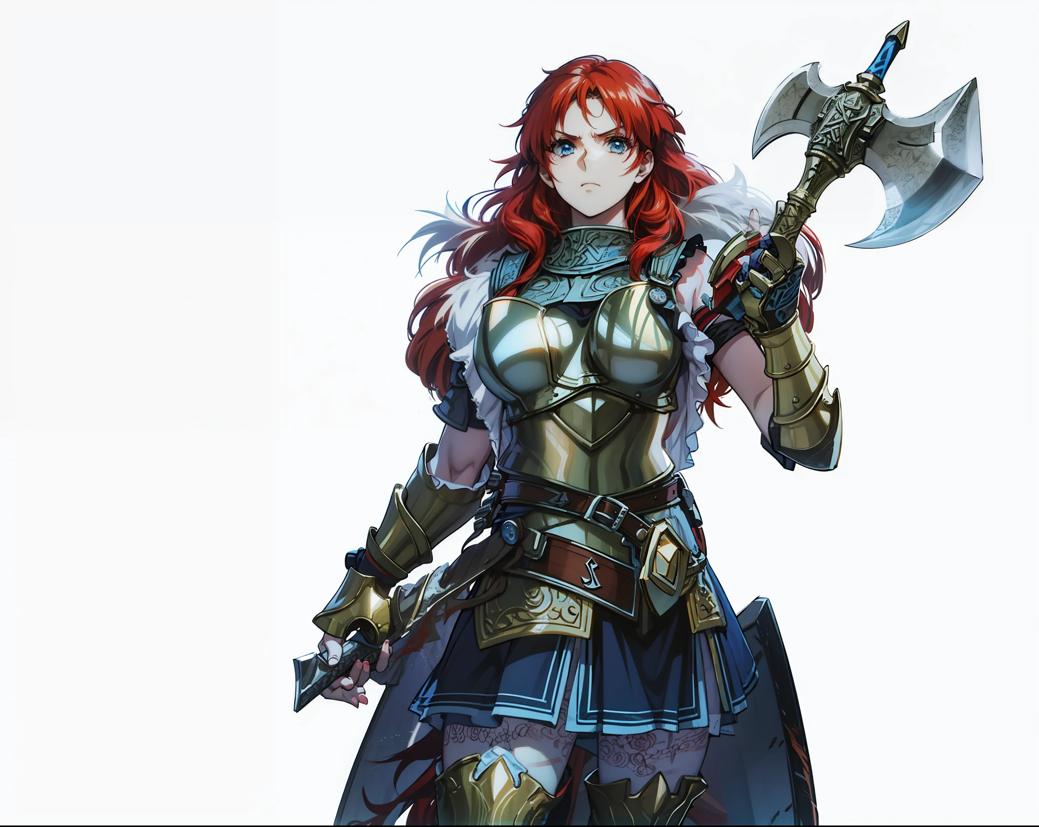 Boadicea, red-haired Viking warrior with Nordic armor and rune tattoos on her body and blooming blue eyes holding an axe, 4k