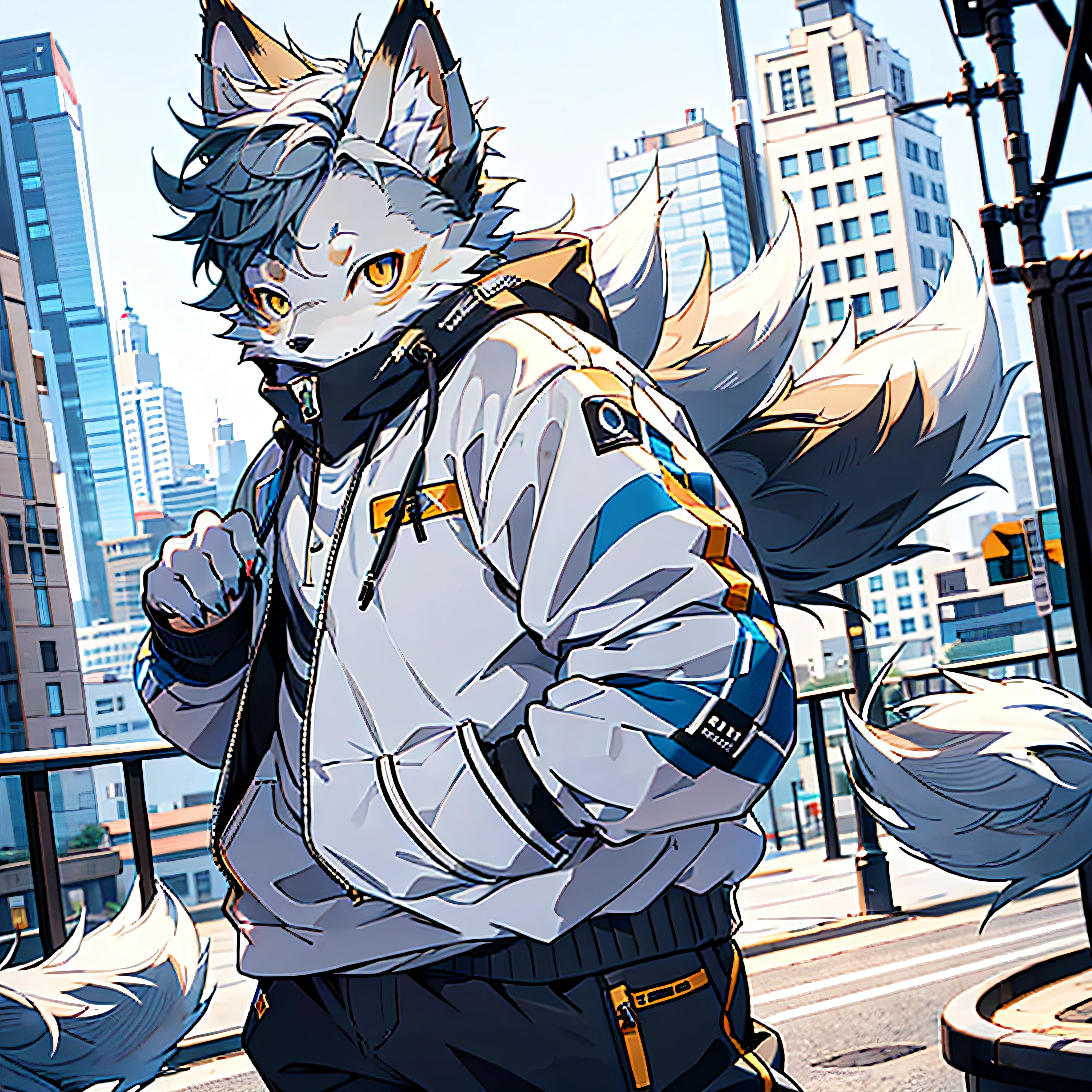 furry, furry, gray fur, male, canine, arctic fox, single, sharp claws, detailed fur, golden eyes, fluffy tail, blue sweatshirt, white jeans, super detailed: 1.0, city street, detailed background