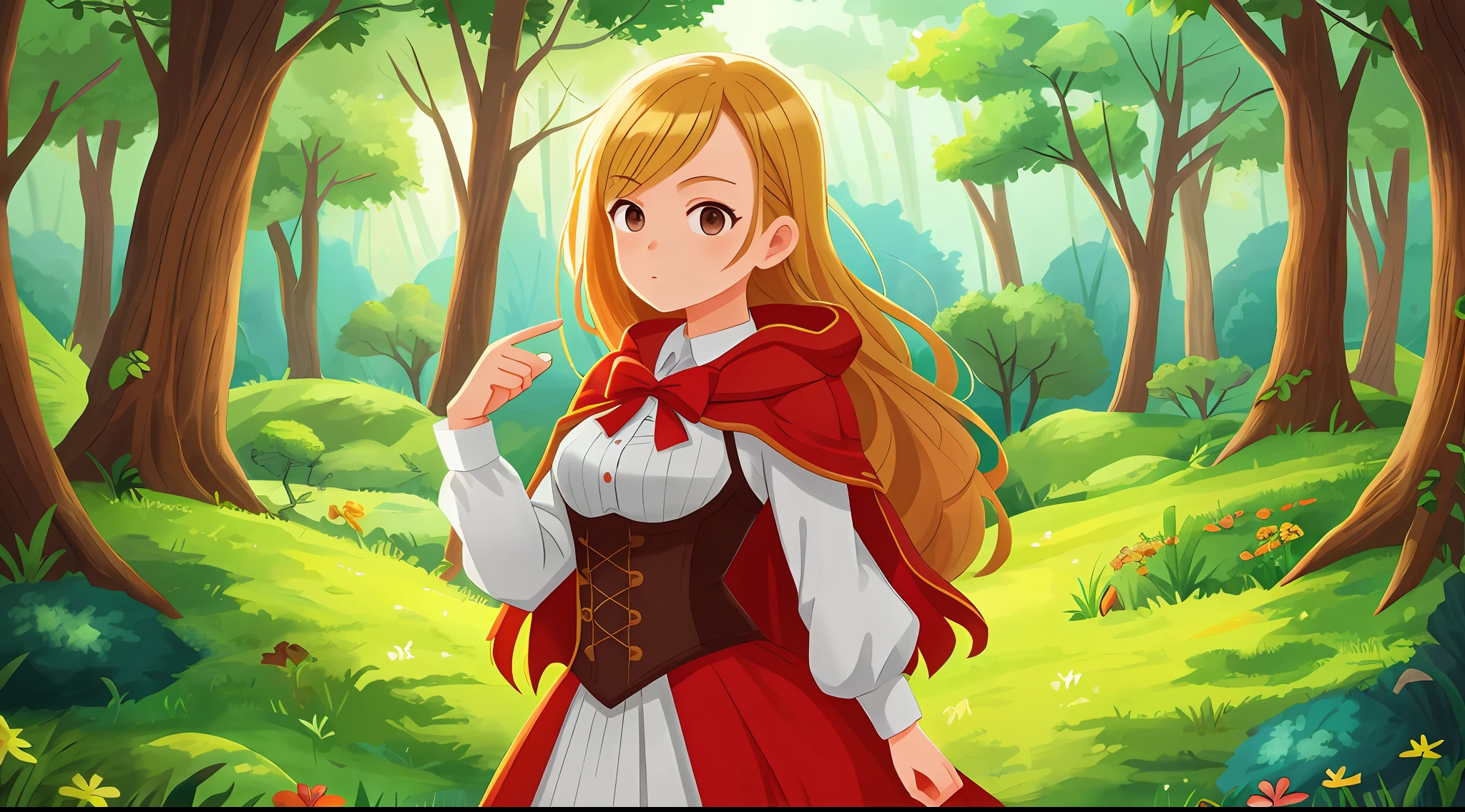 RedHoodWaifu:1), 1girl, cute, (disheed hair, blond hairbl, long whitr hair), (red hood, cape, corset, dress), cute pose, (realistic:1.2), (realism), (masterpiece:1.2), （best qualtiy），（ultra - detailed），（8k，4k，复杂），（Full body photo：1），（Cowboy photos：1.2），（85mm），light particules，illuminating，（The is very detailed：1.2 ),(detail in face:1.2),(Gradient),sfw,colorful,(eye detailed:1.2),(Landscape details,ln the forest,vegetation,House details:1.2),(background detail),Scenic details,(dynamic angle:1.2 ), (dynamic pose:1.2), (third_composition:1.3), (line of action:1.2), wide shot, daylight, solo