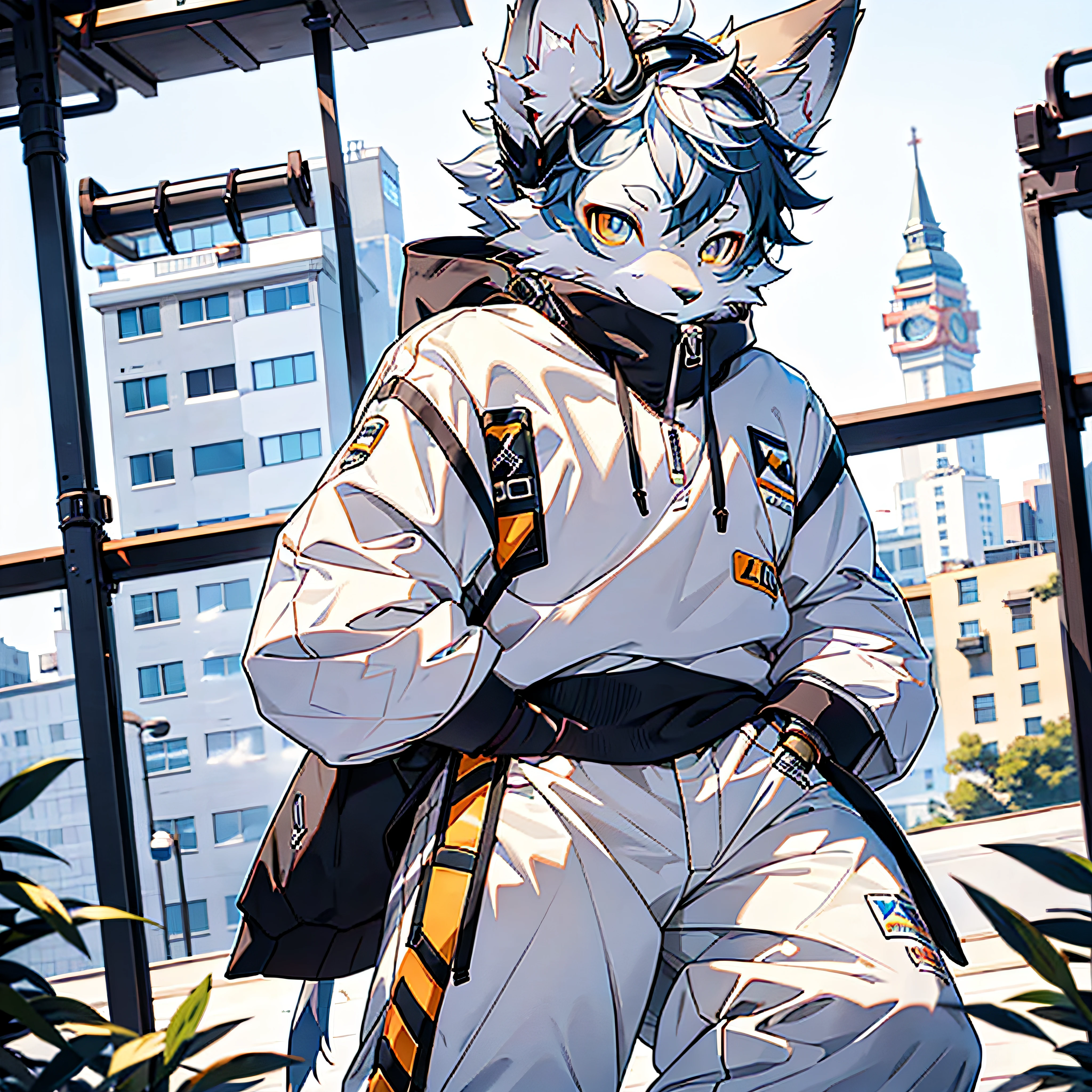 furry, furry, gray fur, male, canine, arctic fox, single, sharp claws, detailed fur, golden eyes, fluffy tail, blue sweatshirt, white jeans, super detailed: 1.0, city street, detailed background