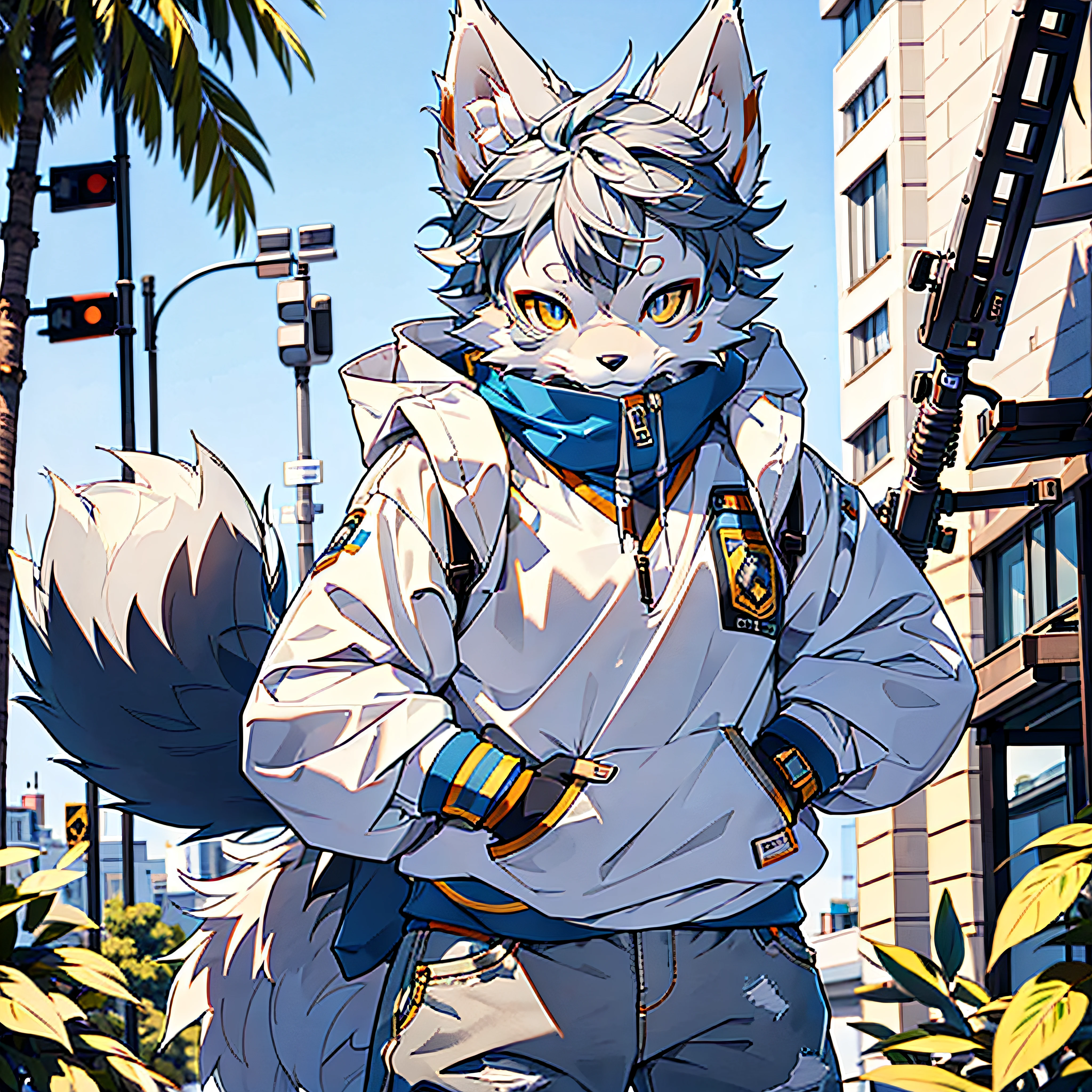 furry, furry, gray fur, male, canine, arctic fox, single, sharp claws, detailed fur, golden eyes, fluffy tail, blue sweatshirt, white jeans, super detailed: 1.0, city street, detailed background
